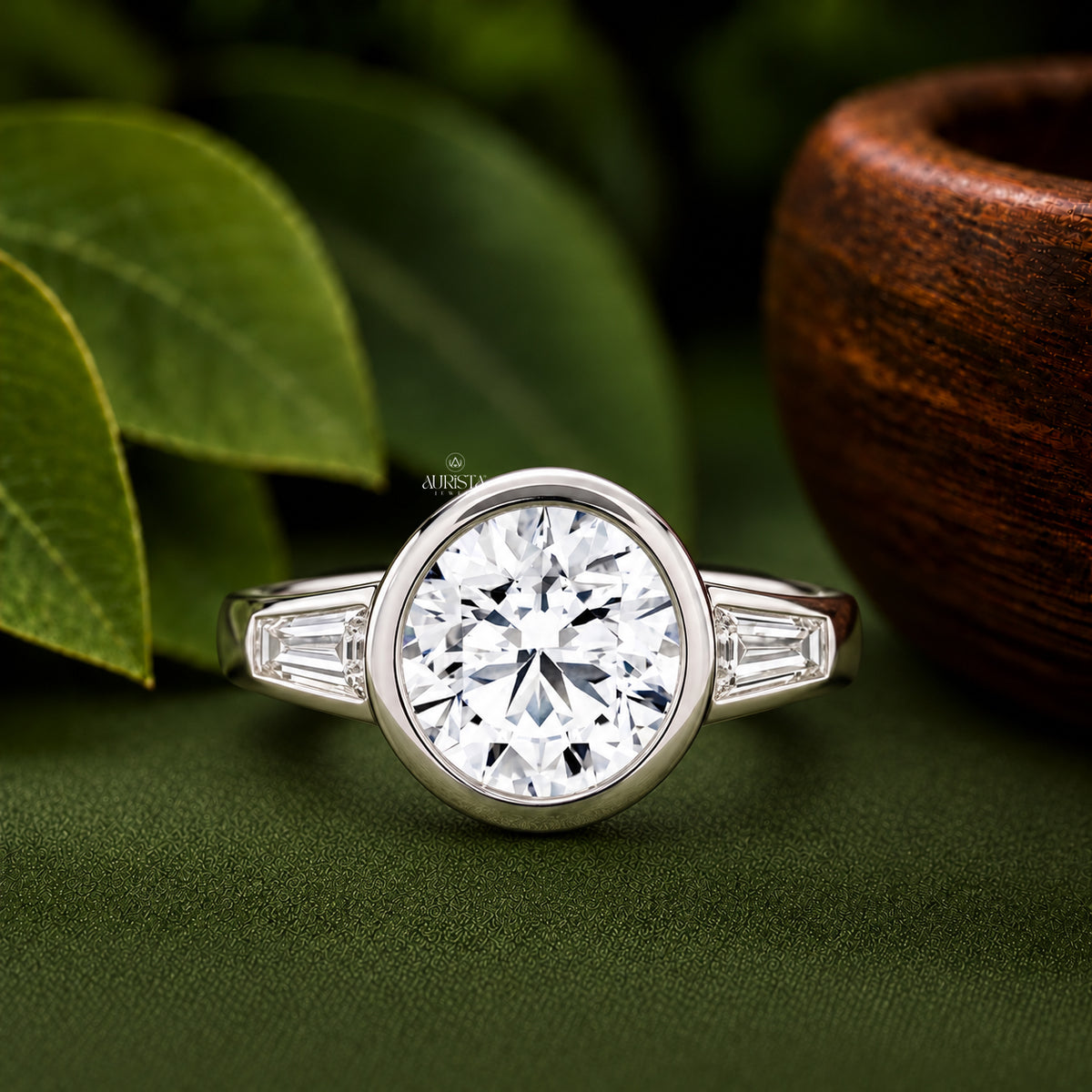 Round Lab Grown Diamond Ring, Bezel Set White Gold With Tapered Baguette Side Stones