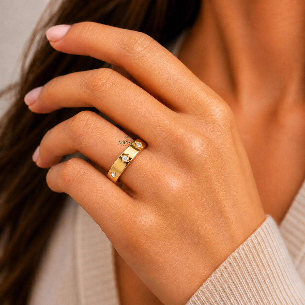 Lab Grown Diamond Star Set Band, Yellow Gold Stacking Ring Diamond Wedding Band