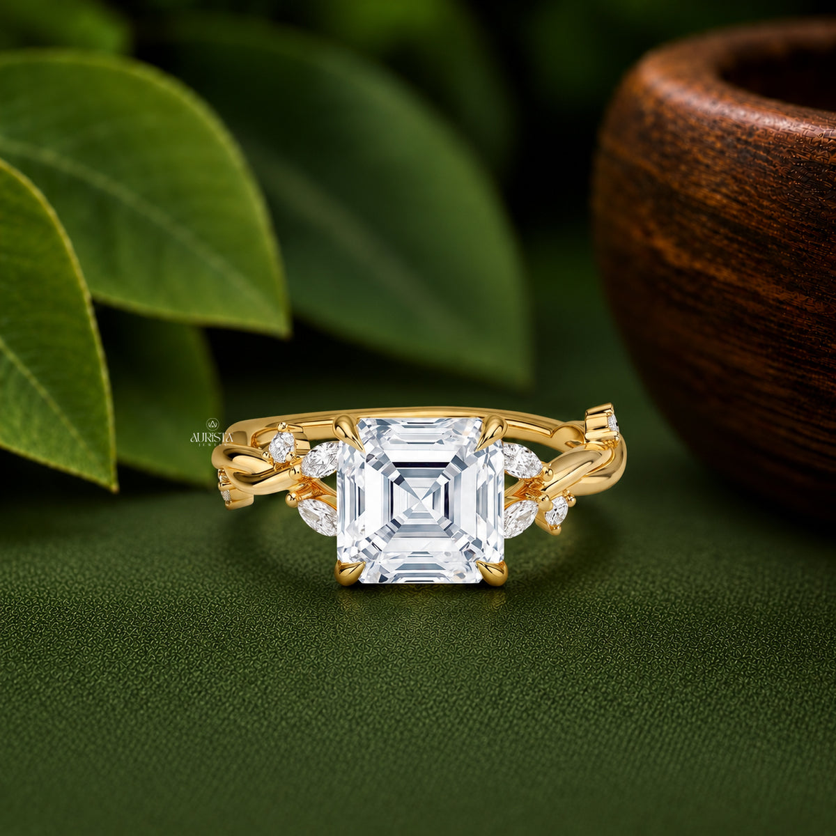 Asscher Lab Diamond Ring,Marquise and round Side Stones,Unique Diamond Ring