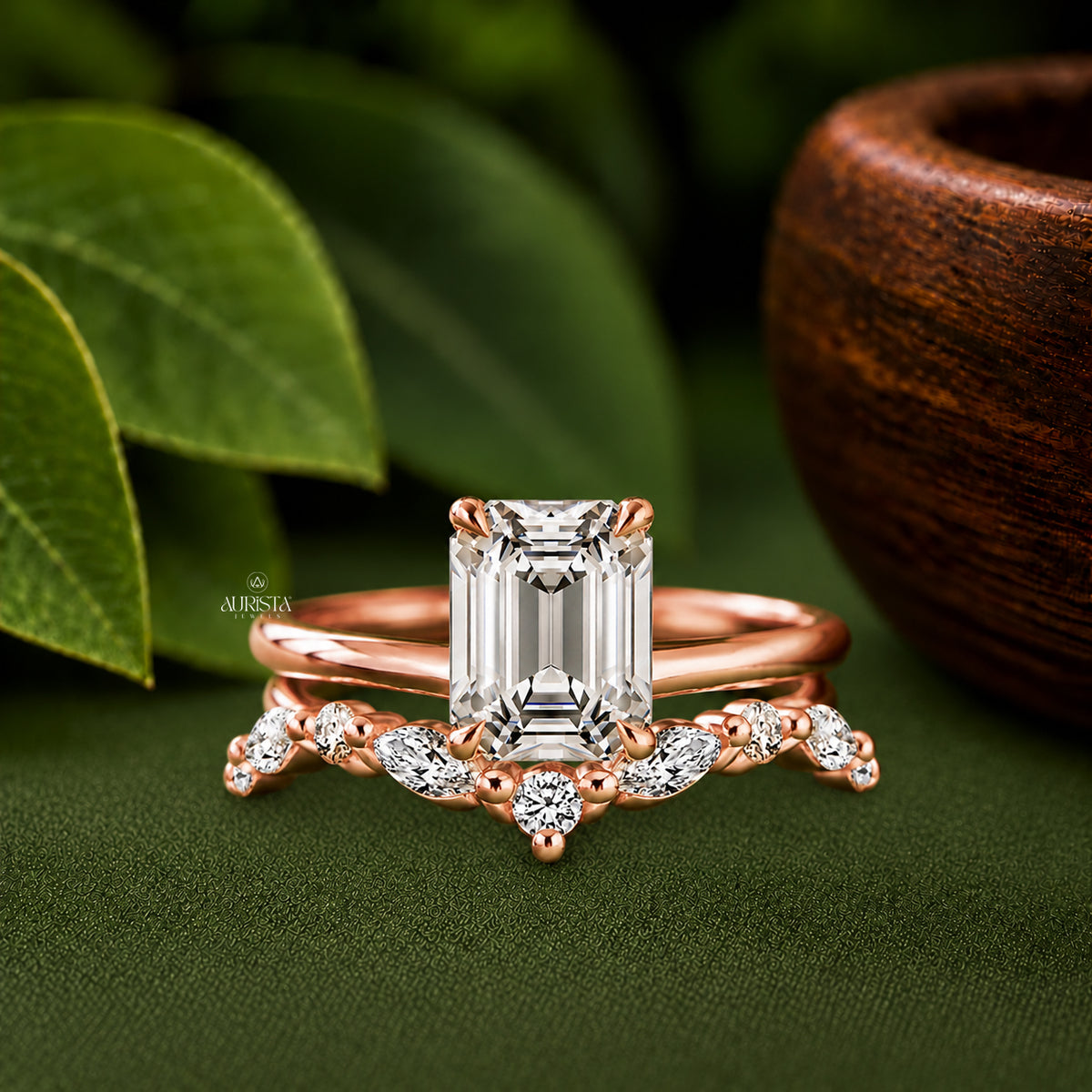 Emerald & Marquise Lab Grown Diamond Bridal Set, V-Shape Chevron Wedding Band