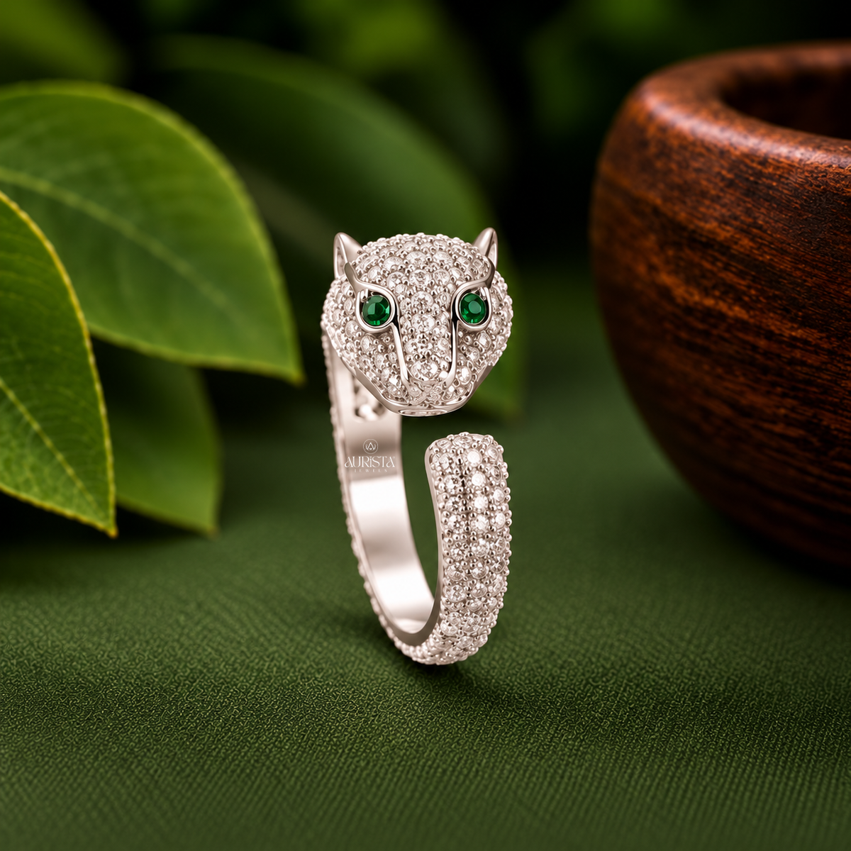 Designer Panther Bypass Ring with Green Eyes Moissanite in Diamond Luxury Band