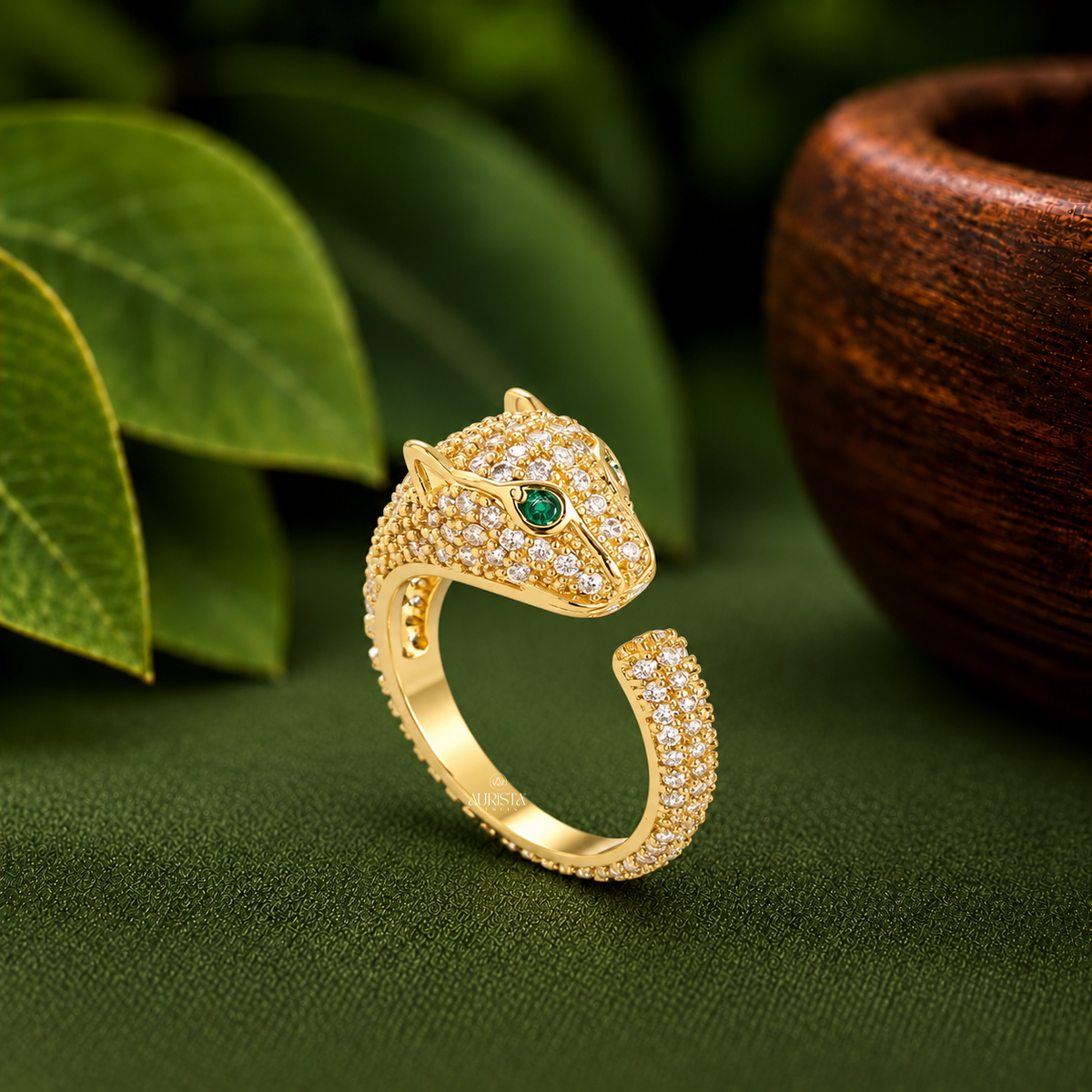Designer Panther Bypass Ring with Green Eyes Moissanite in Diamond Luxury Band