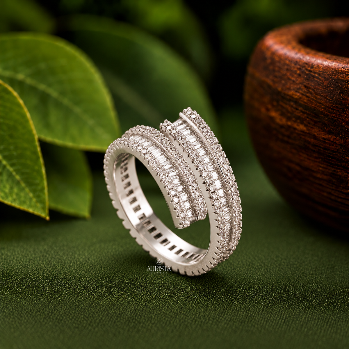 Multi Row Spiral Bypass Ring with Baguettes Moissanite in Diamond Luxury Band