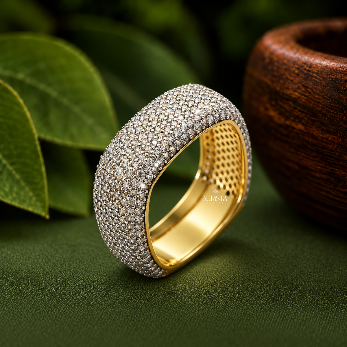 Wide Chunky Pavé Band Ring Moissanite in Diamond Luxury Gold Statement Jewelry