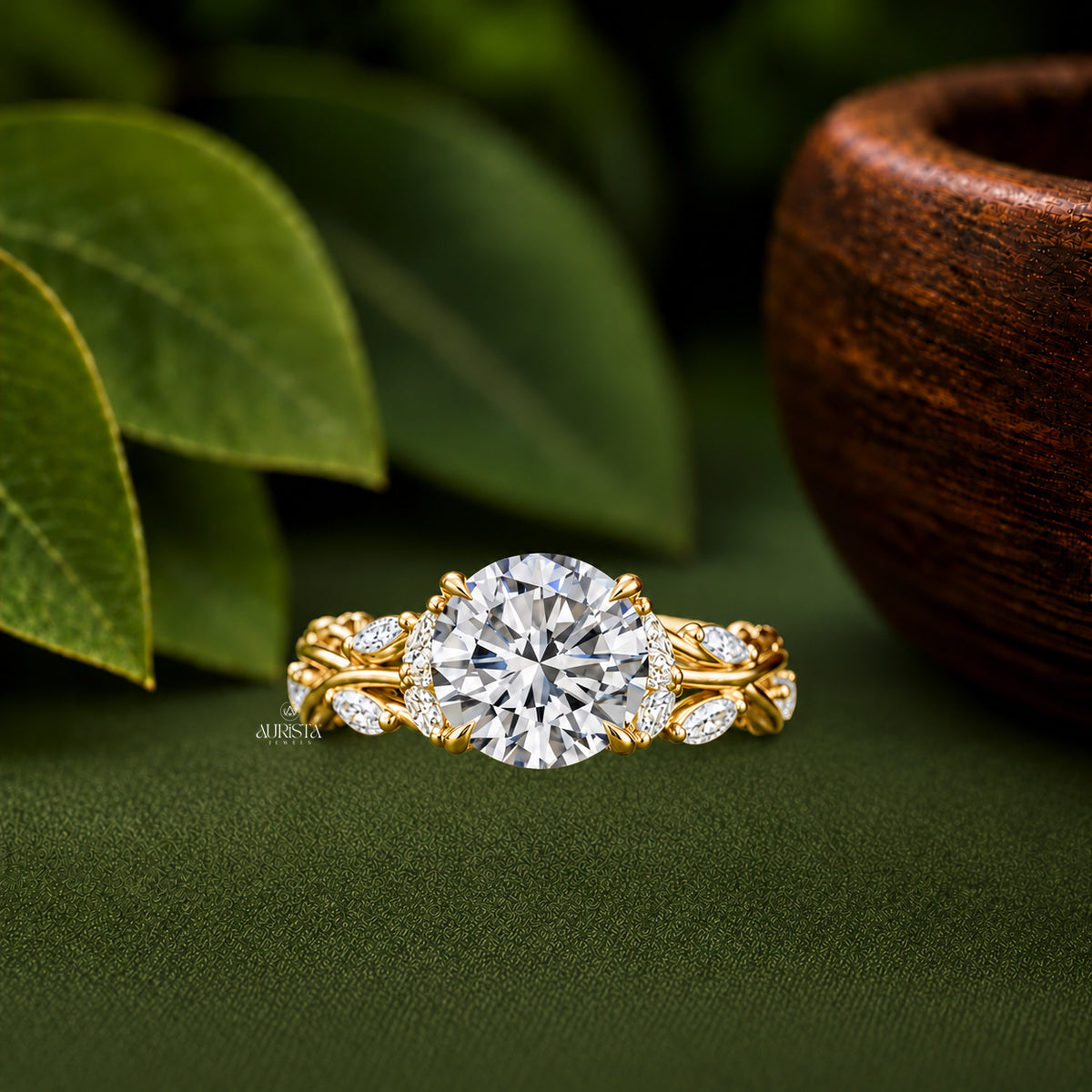 Round Lab Grown Diamond Ring, Nature Inspired Leaf Vine Band, Unique Diamond Ring