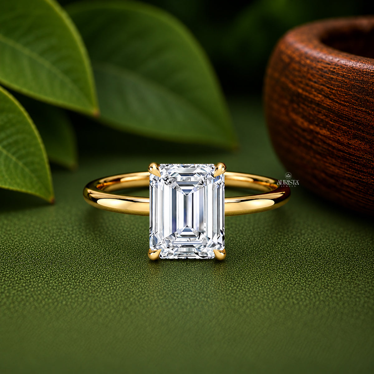 2.00 ct Emerald Cut Lab Grown Diamond Diamond Hidden Halo Ring, Minimalist Yellow Gold