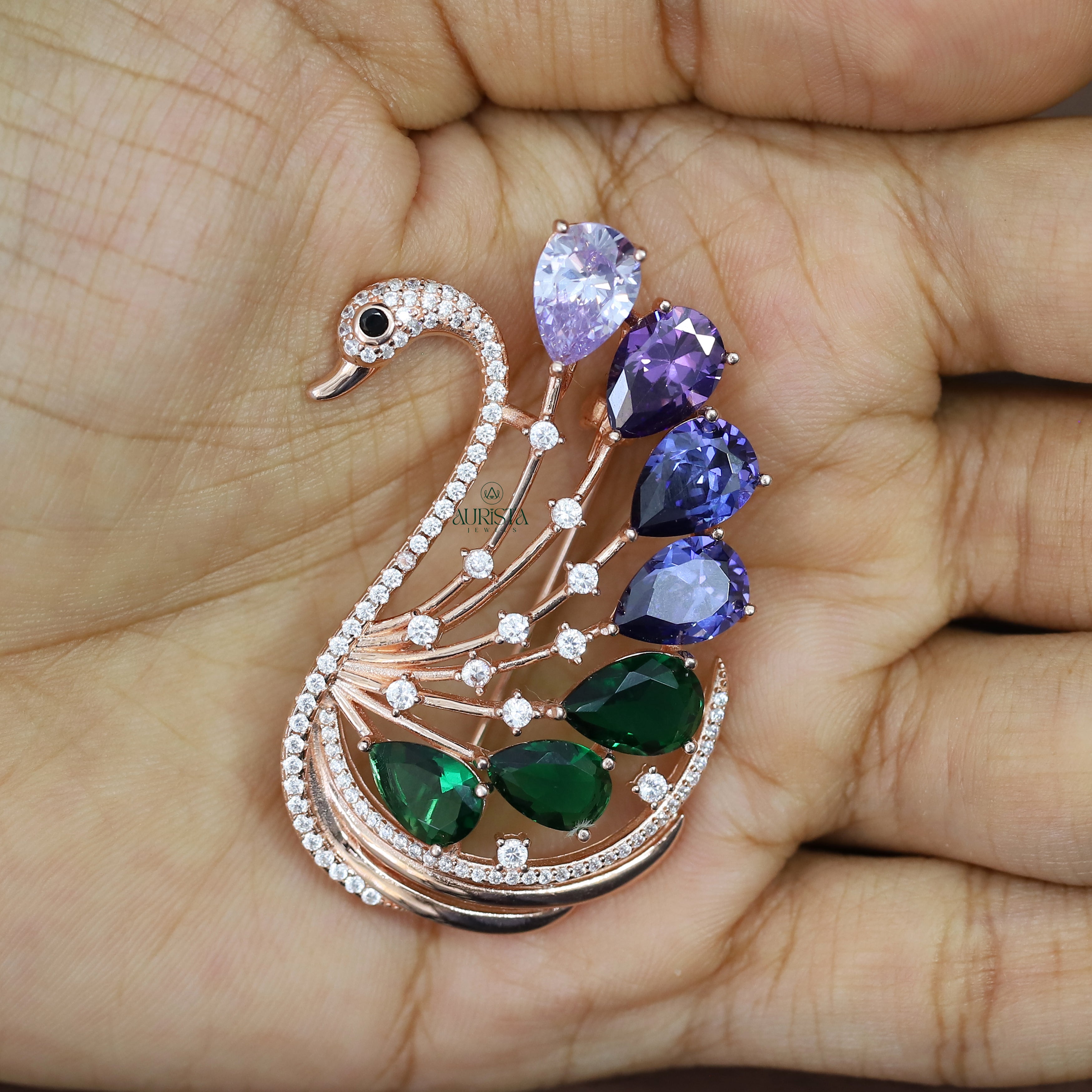 Swan Brooch Multi Color Moissanite Rose Gold Pin Elegant Bird Jewelry Gift For Her