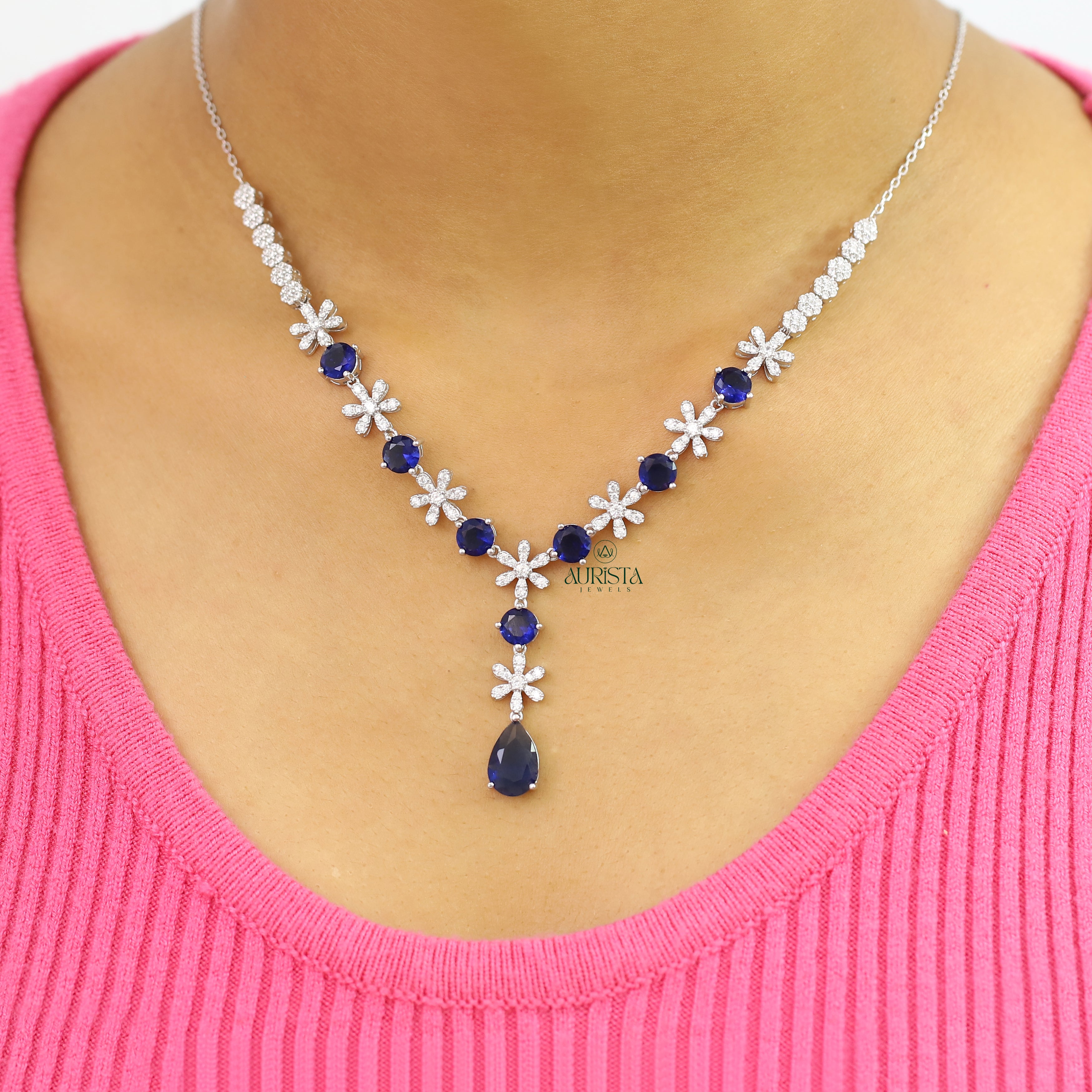 Blue Pear Cut Floral Necklace Moissanite Statement Jewelry Bridal Gift For Her