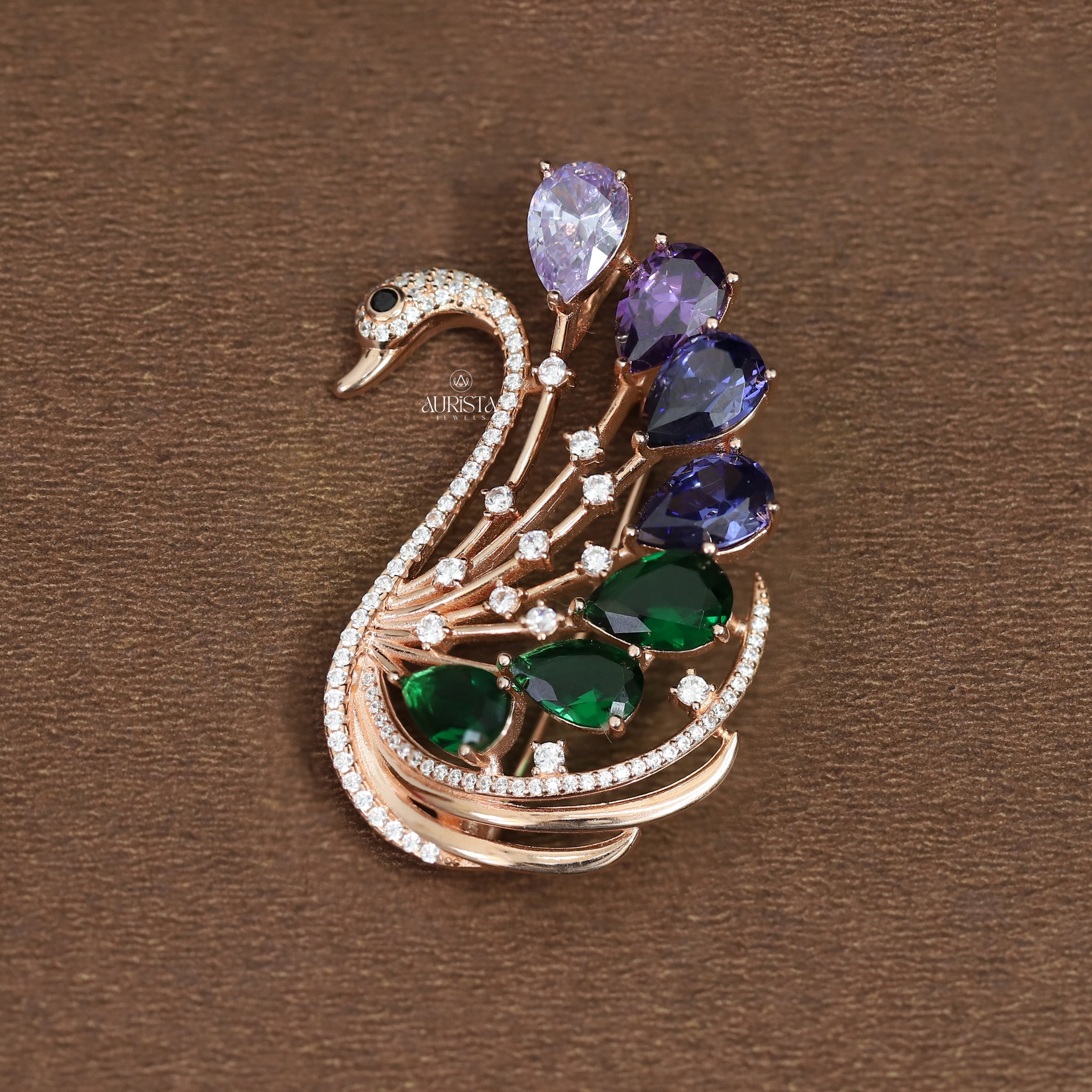 Swan Brooch Multi Color Moissanite Rose Gold Pin Elegant Bird Jewelry Gift For Her