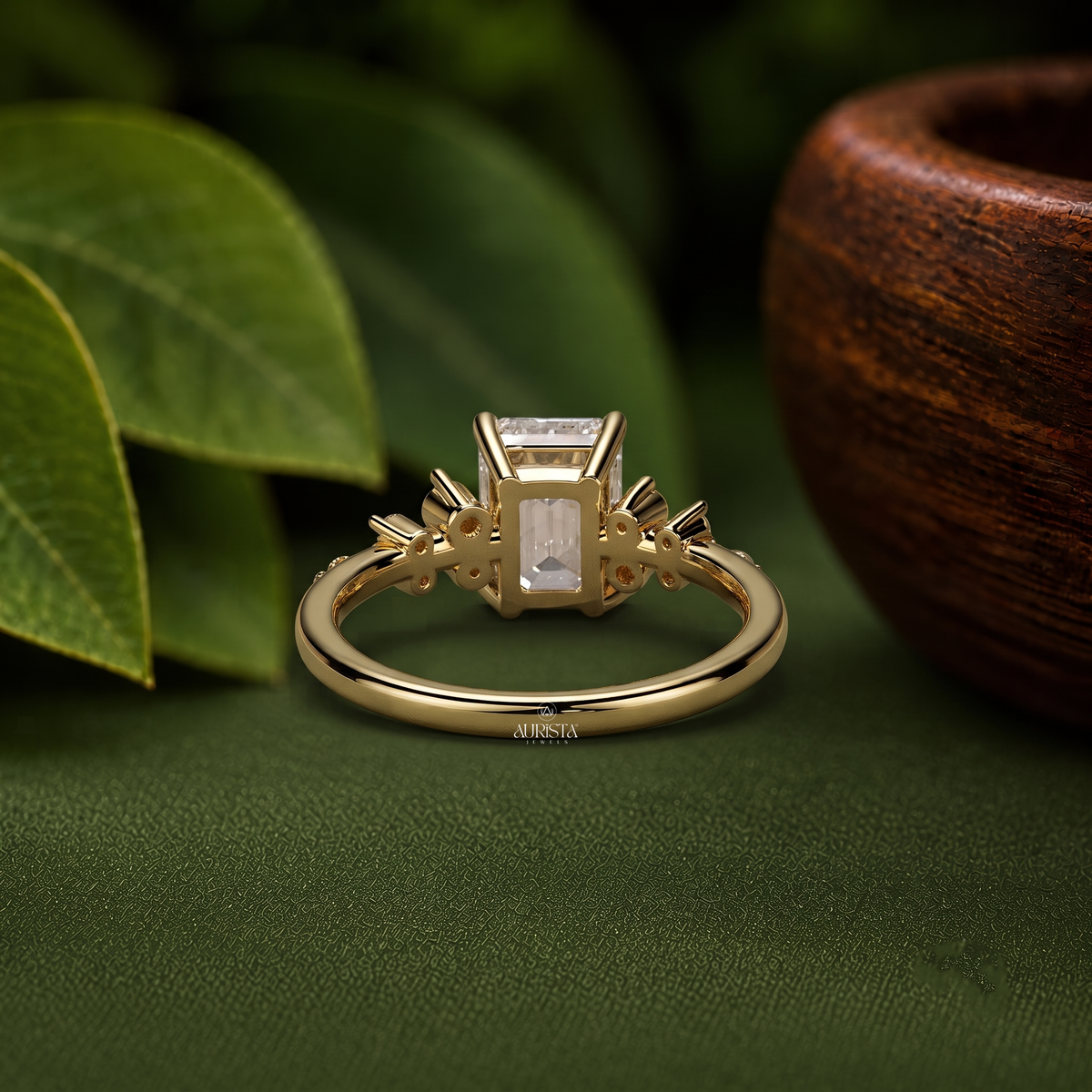 Emerald Cut Cluster Statement Ring Moissanite in Diamond Gold Fine Jewelry