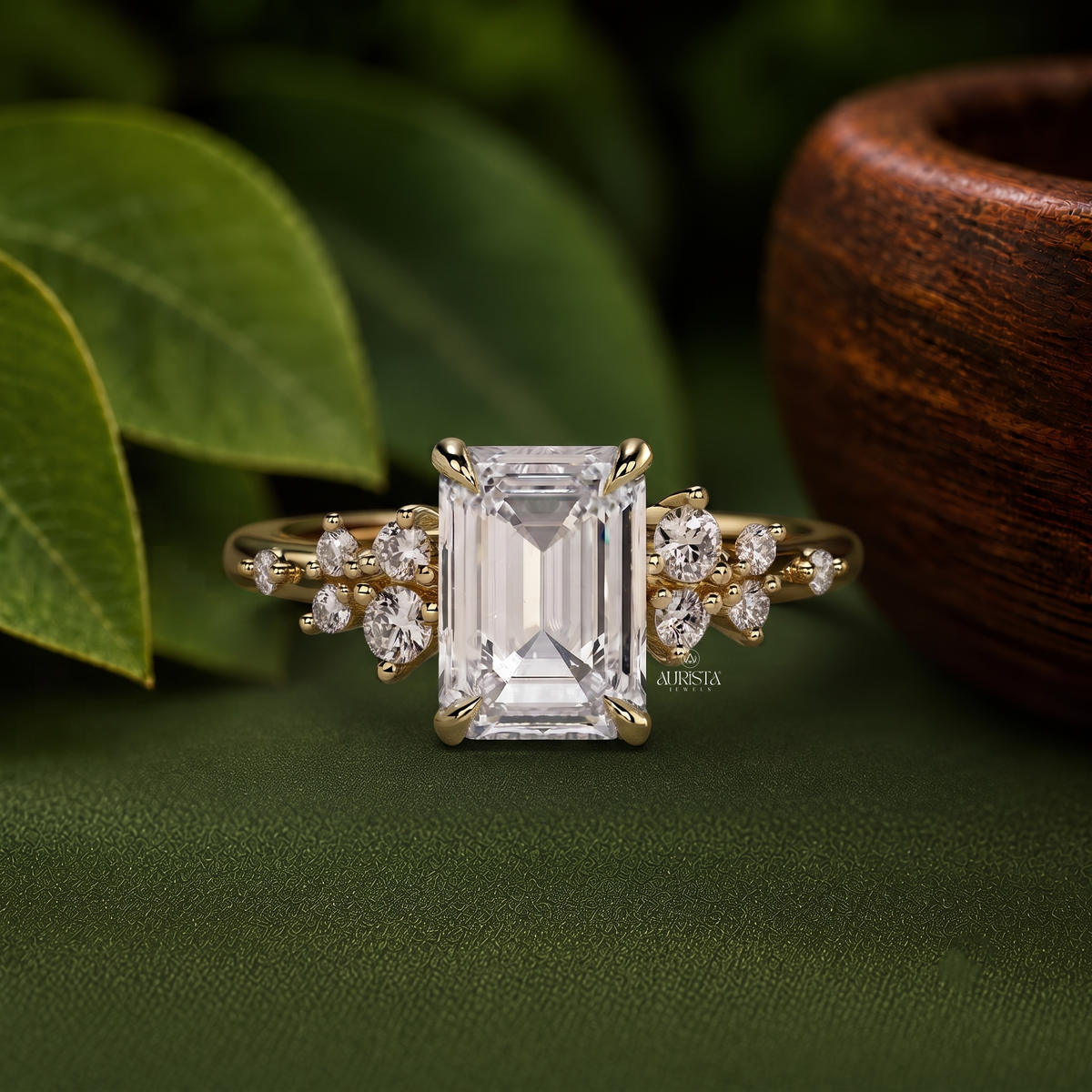 Emerald Cut Cluster Statement Ring Lab Grown in Diamond Gold Fine Jewelry