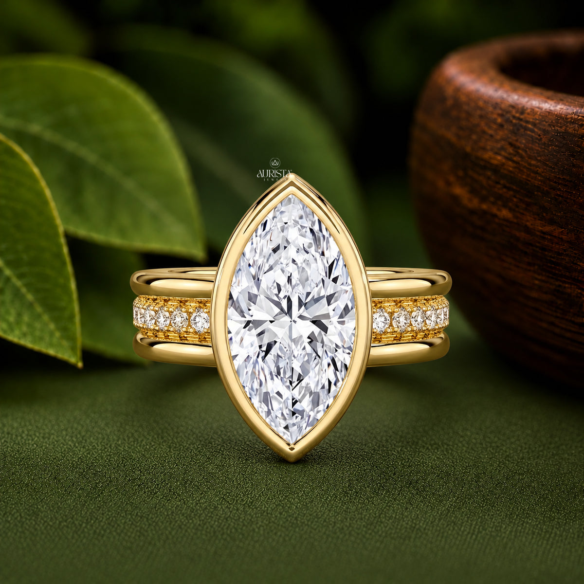 Marquise Lab Grown Diamond Ring, Bezel Setting Pave Side Stones, Yellow Gold Ring