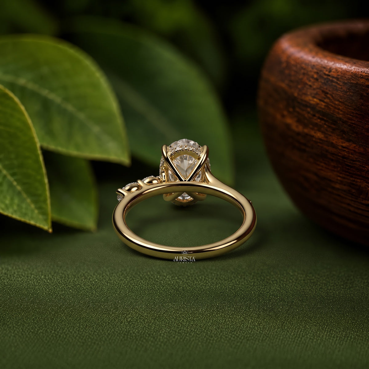 Oval Cut Side Stone Engagement Ring Lab Grown in Diamond Gold Fine Jewelry