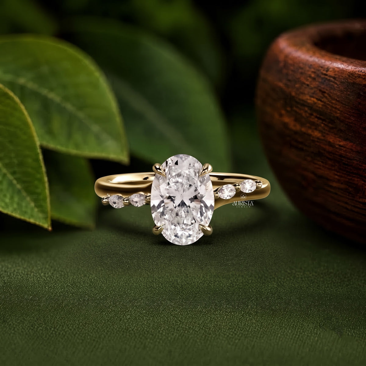 Oval Cut Side Stone Engagement Ring Lab Grown in Diamond Gold Fine Jewelry