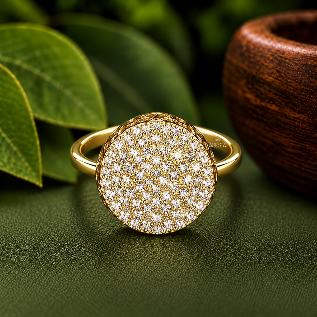 Large Disk Cocktail Ring with Filigree Moissanite in Diamond Luxury Band