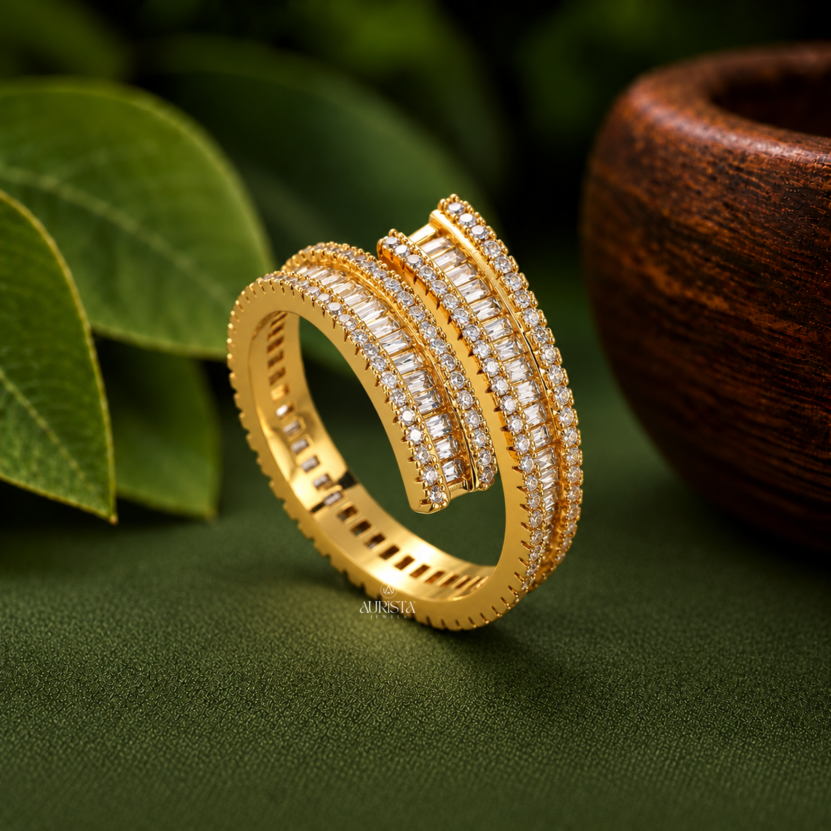 Multi Row Spiral Bypass Ring with Baguettes Moissanite in Diamond Luxury Band