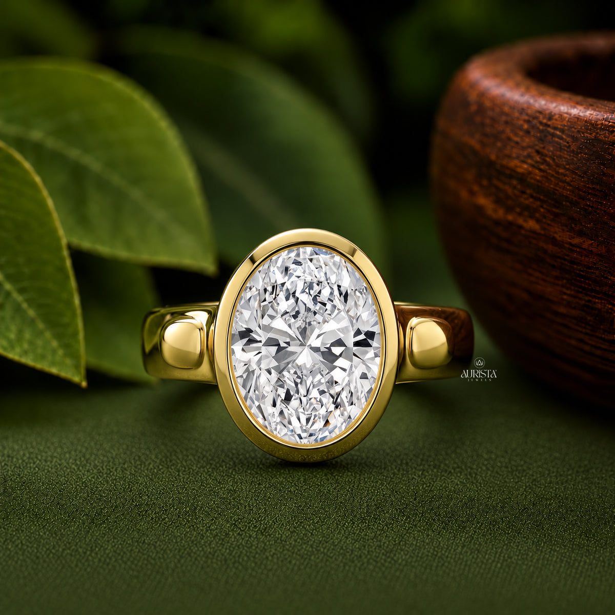 Oval Shape Lab Grown Diamond Ring, Bezel Set Solitaire Minimalist Yellow Gold Band