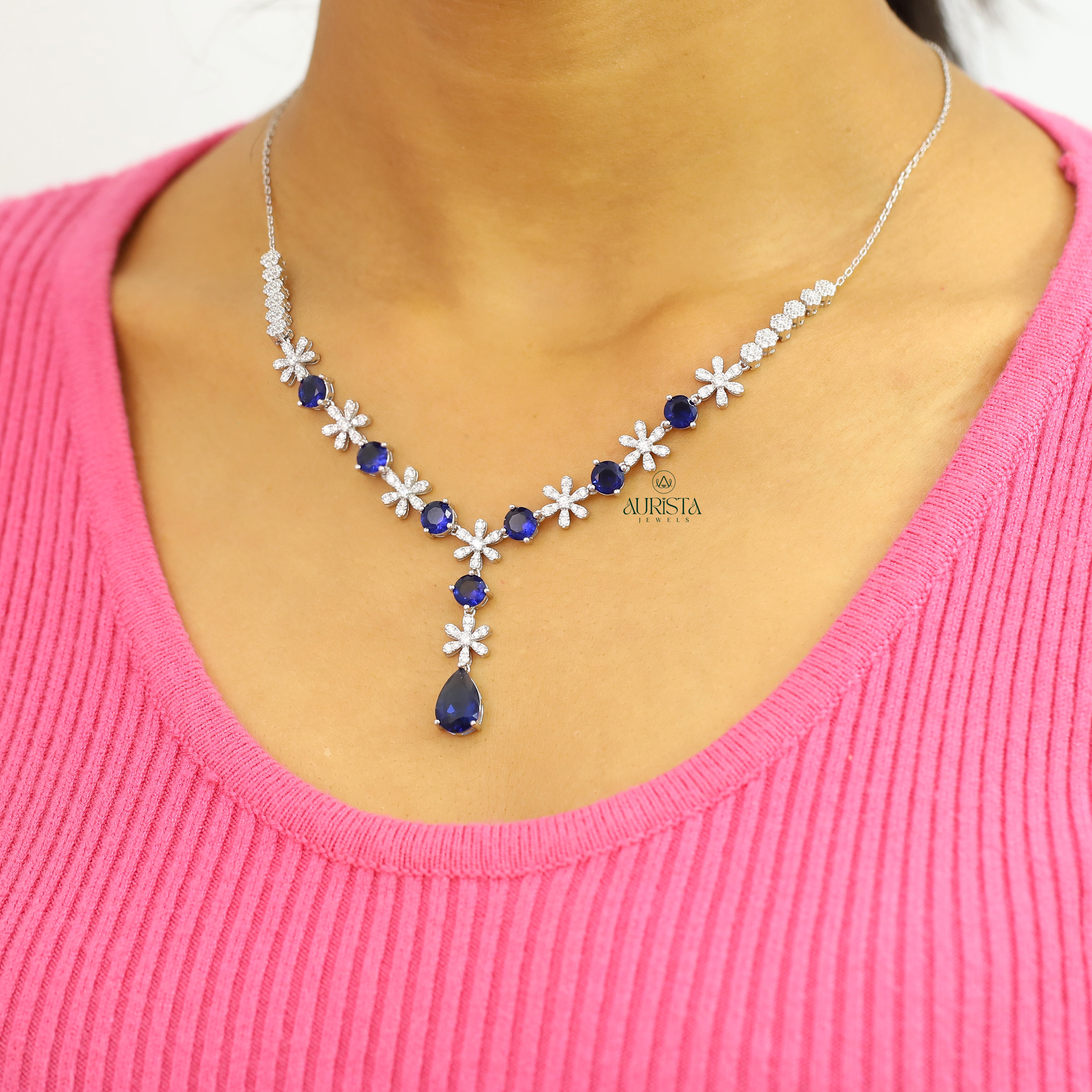 Blue Pear Cut Floral Necklace Moissanite Statement Jewelry Bridal Gift For Her
