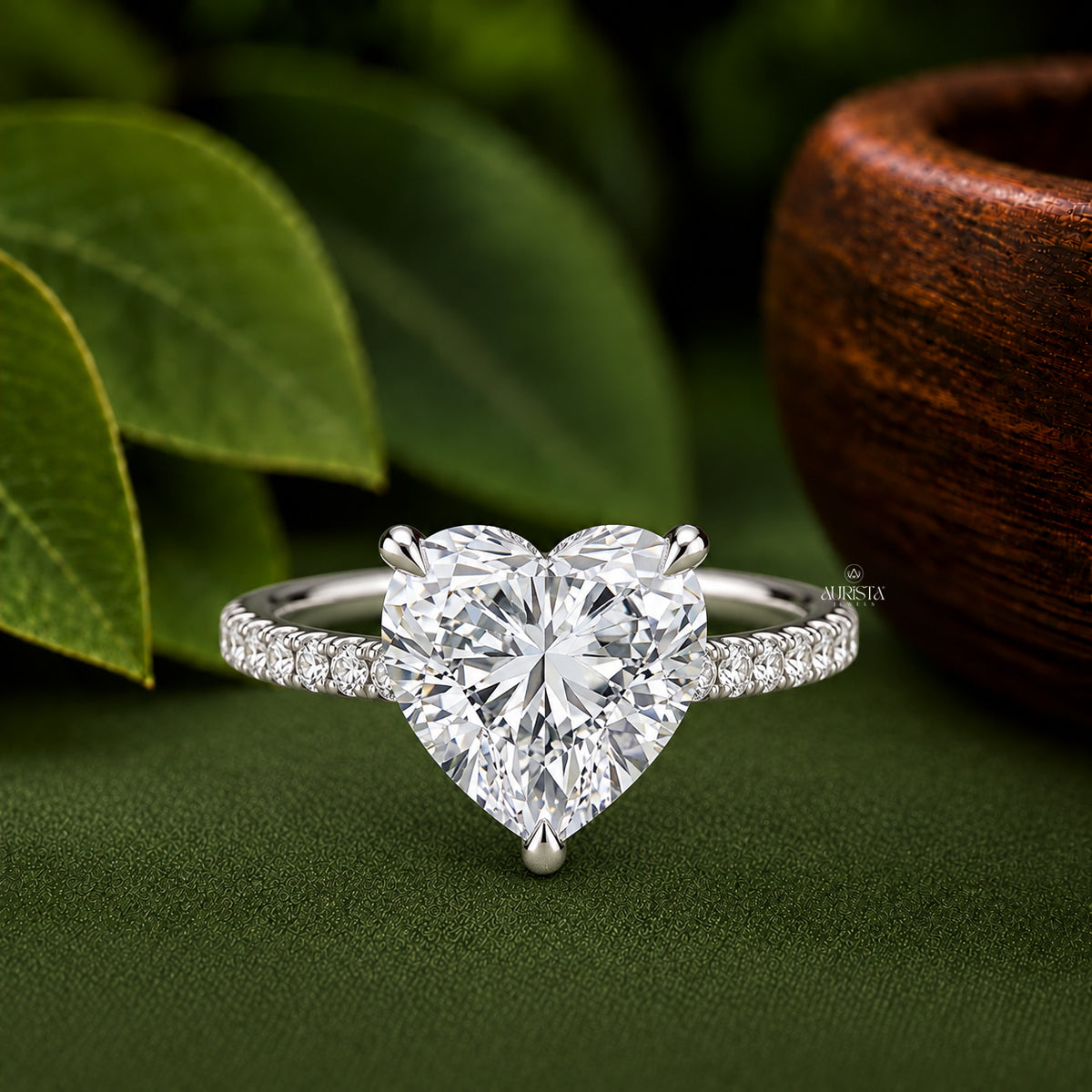 Heart Lab Grown Diamond Ring, Hidden Halo Pavé Band Dainty Fine Jewelry