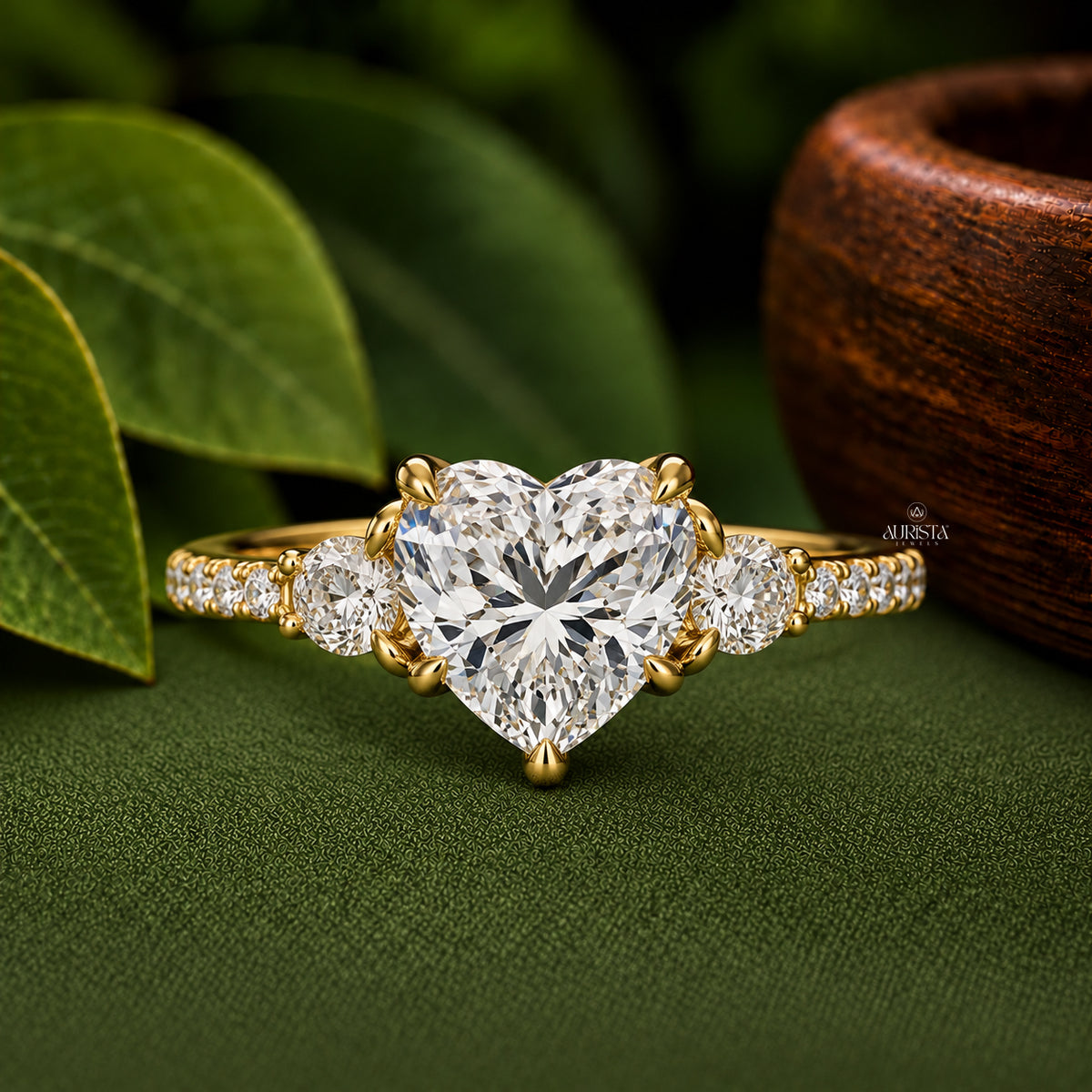 Heart Shape Lab Grown Diamond Three Stone Ring, Twisted Pavé Engagement Wedding Band