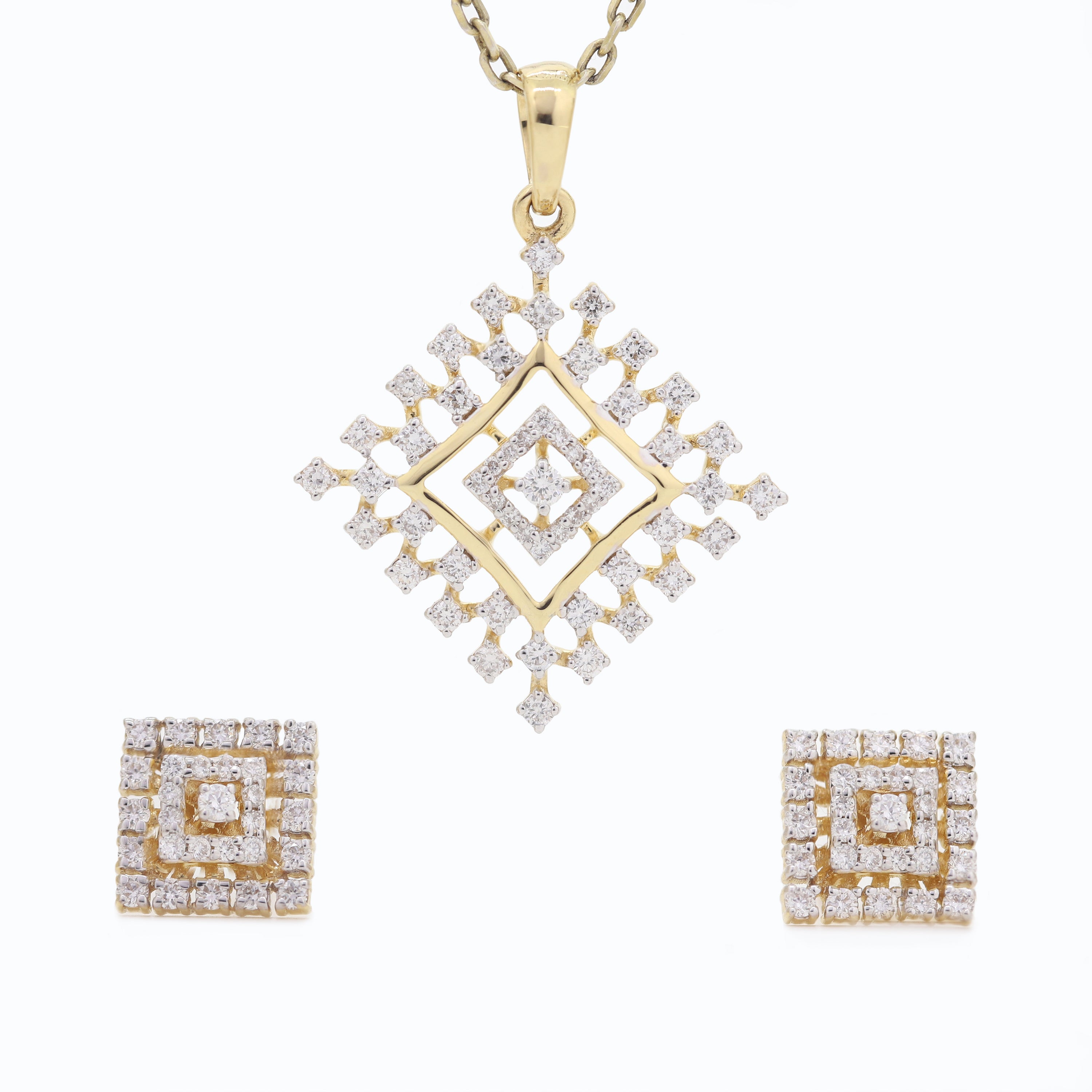 Golden Bloom Round Diamond Pendant with Earrings Set
