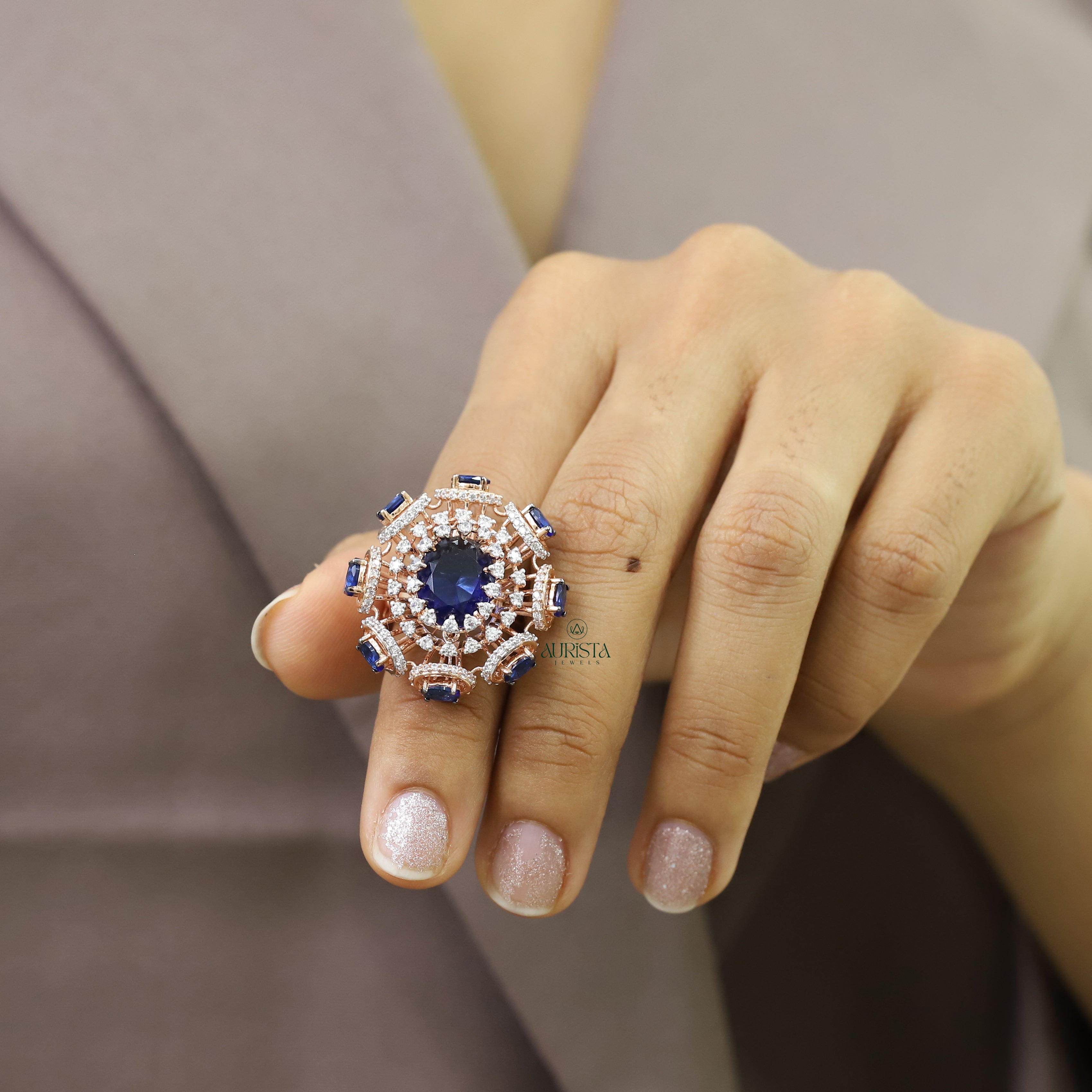 Oval Blue Stone Cluster Ring Rose Gold Moissanite Statement Cocktail Band Luxury