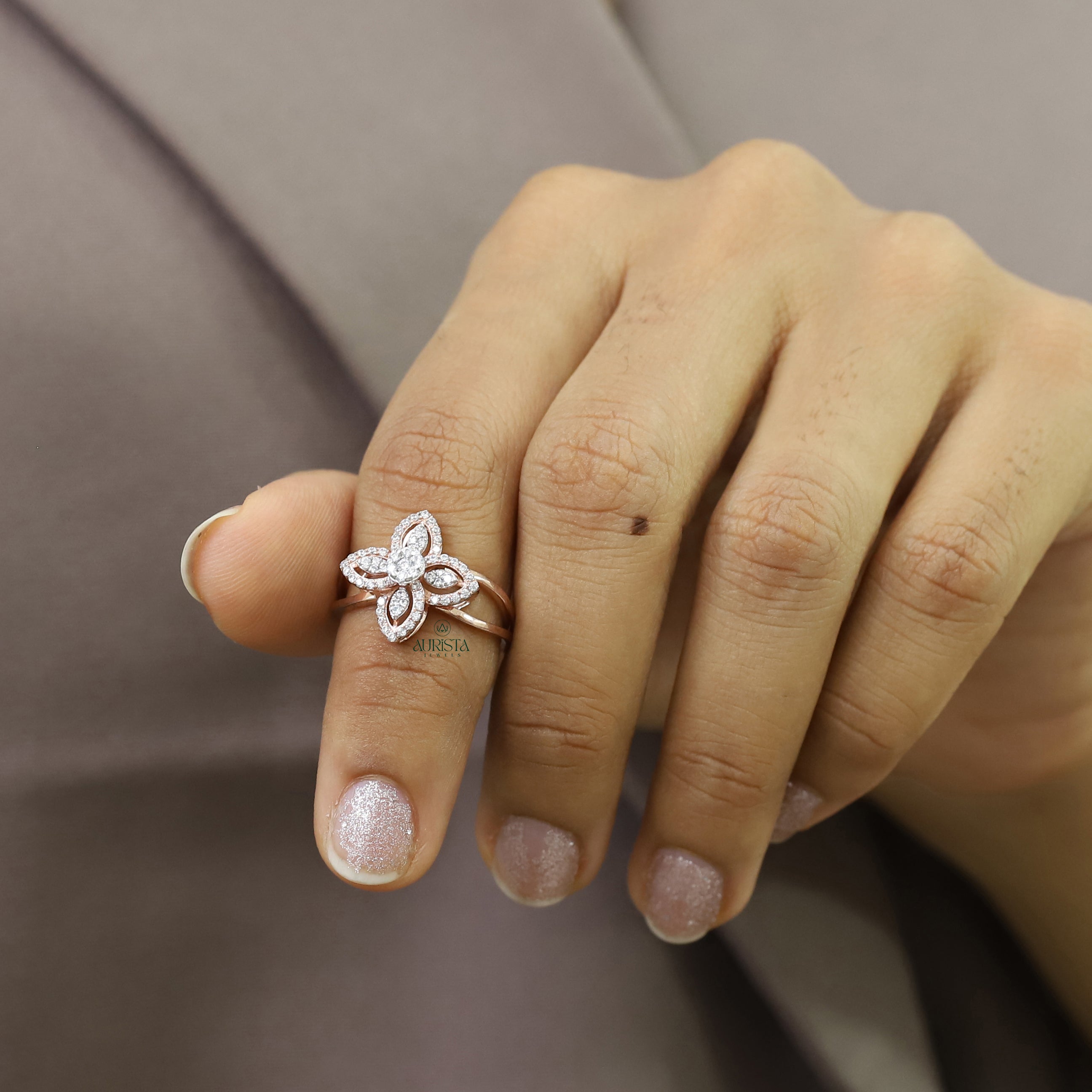 Round Diamond Shape Flower Moissanite Ring Rose Gold Floral Engagement Band Style