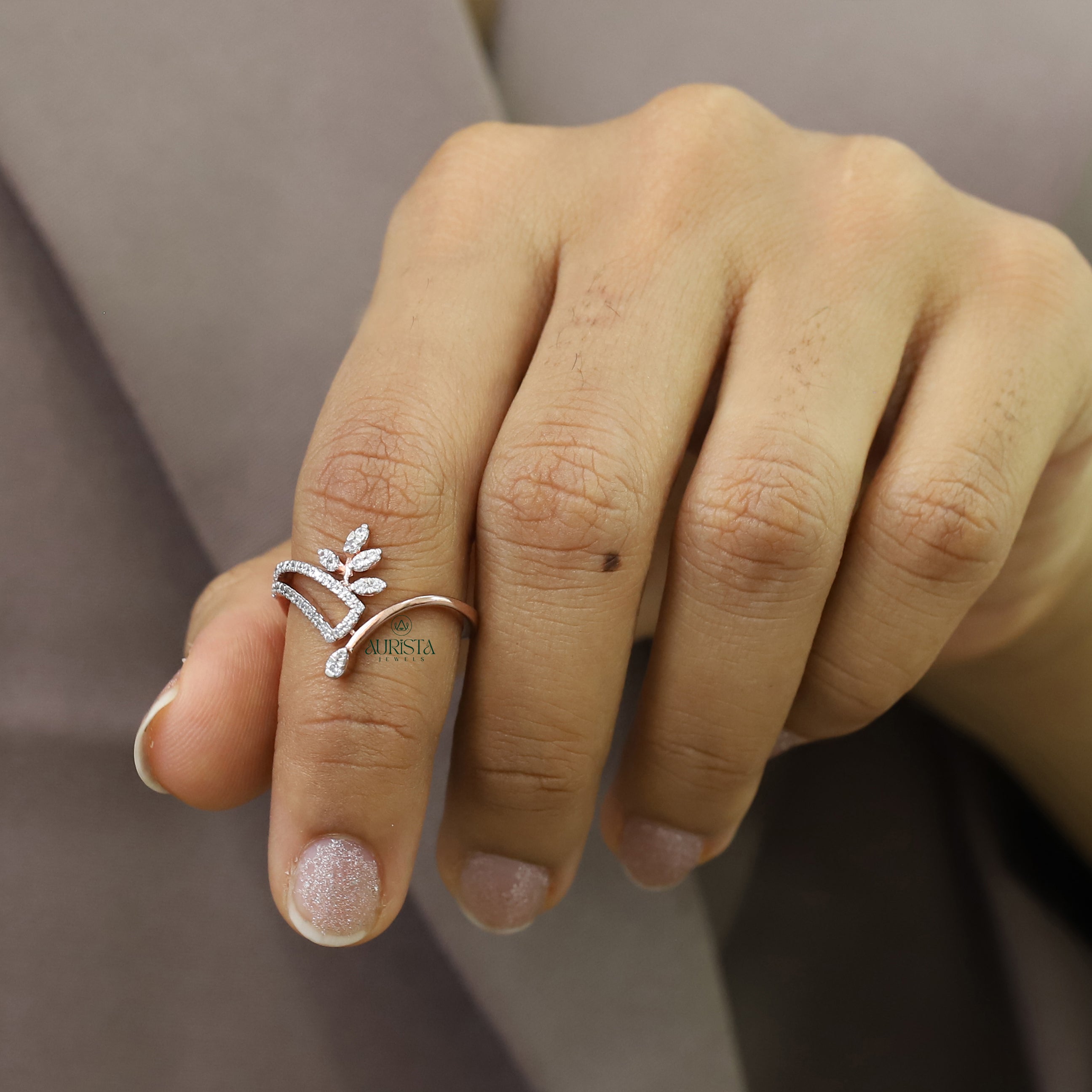 Round Moissanite Leaf Ring, Rose Gold Nature Inspired Statement Ring for Her