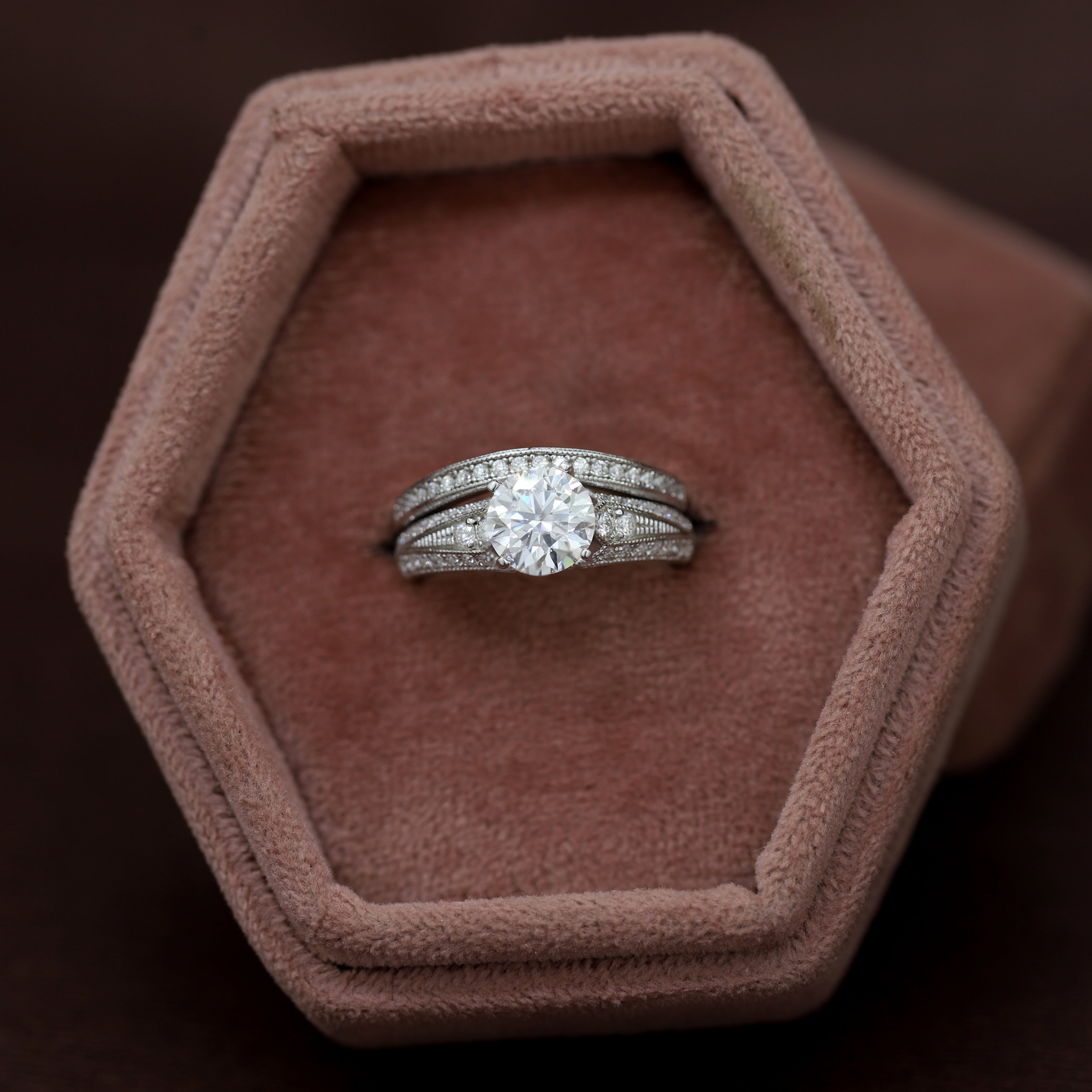 A Love Set in Stone – Custom Round White Diamond Ring With Band