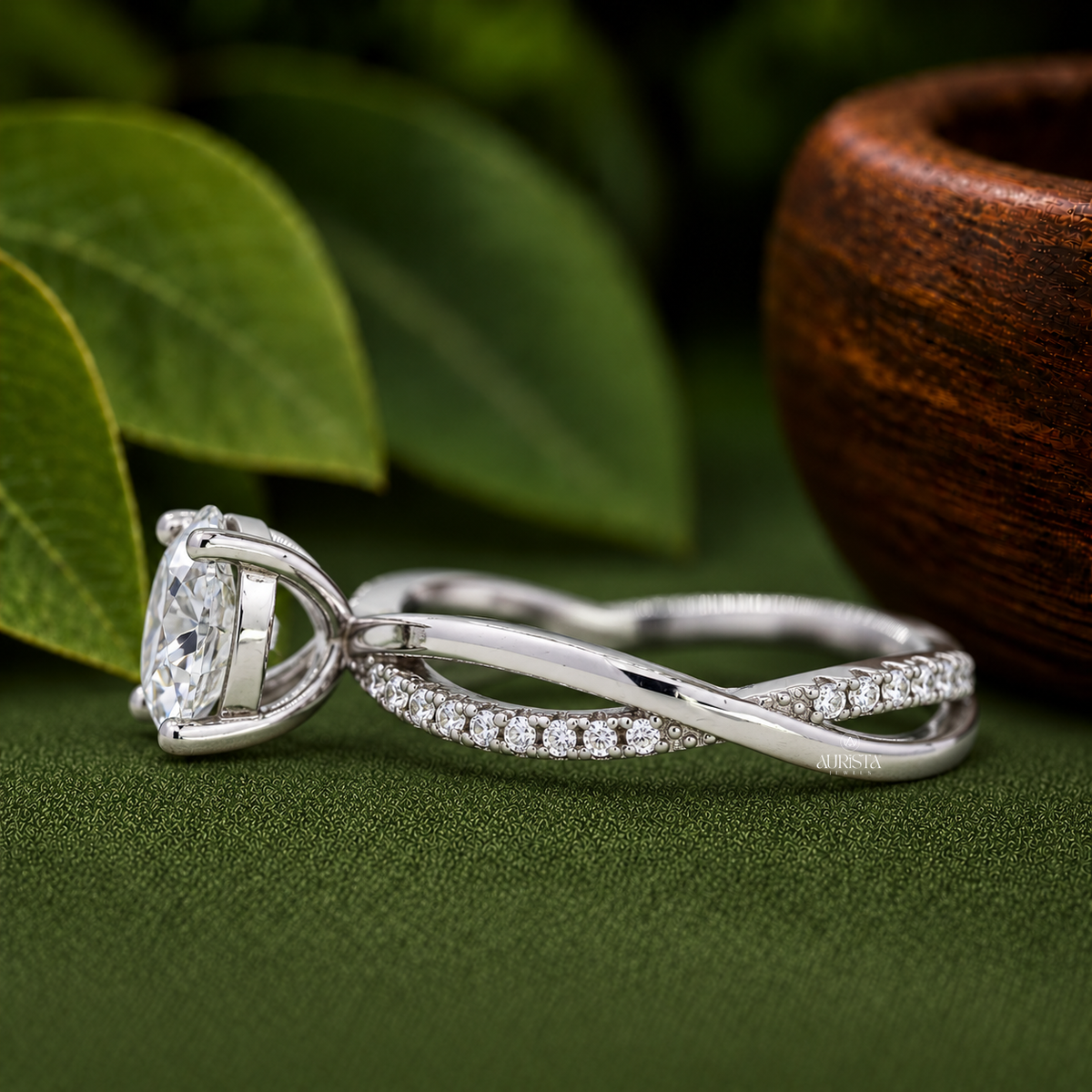 Round Cut Lab Grown Diamond Twist Ring, Pavé Engagement Wedding Ring