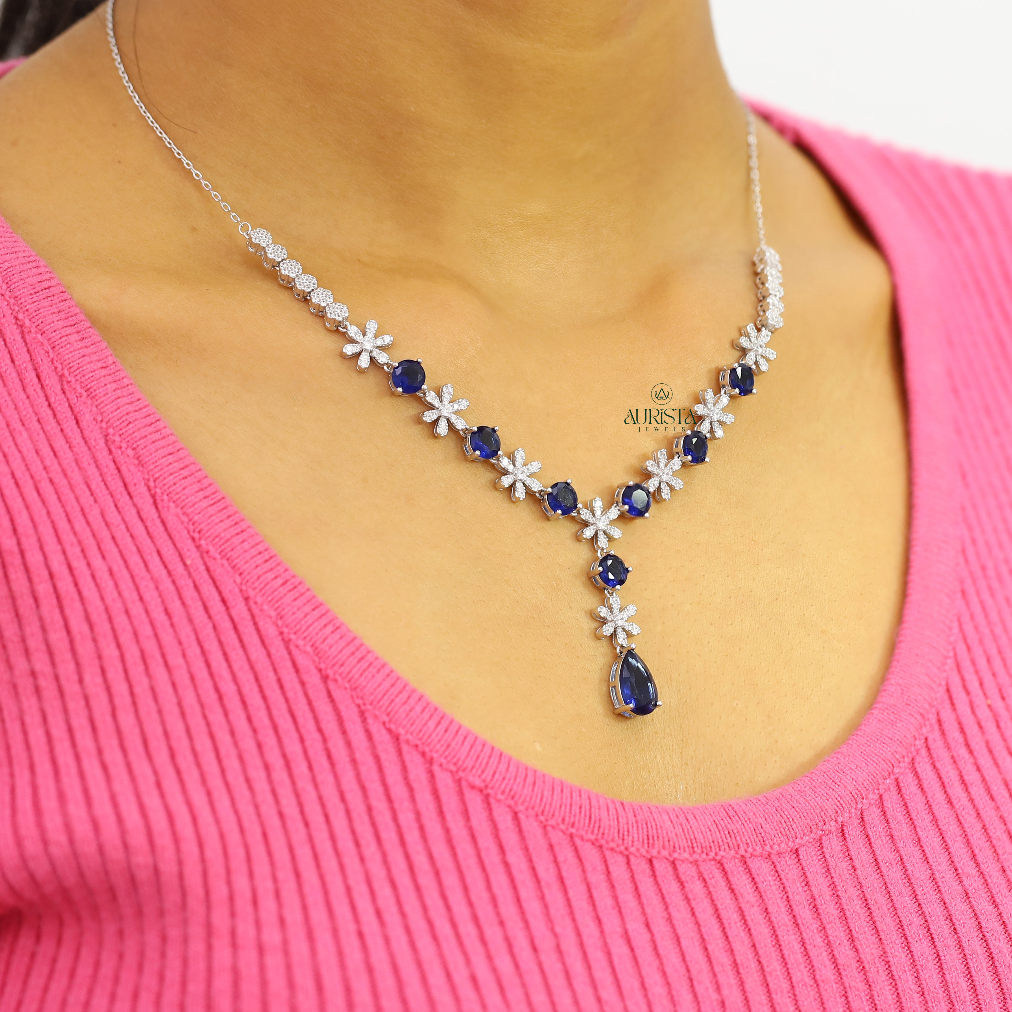 Blue Pear Cut Floral Necklace Moissanite Statement Jewelry Bridal Gift For Her