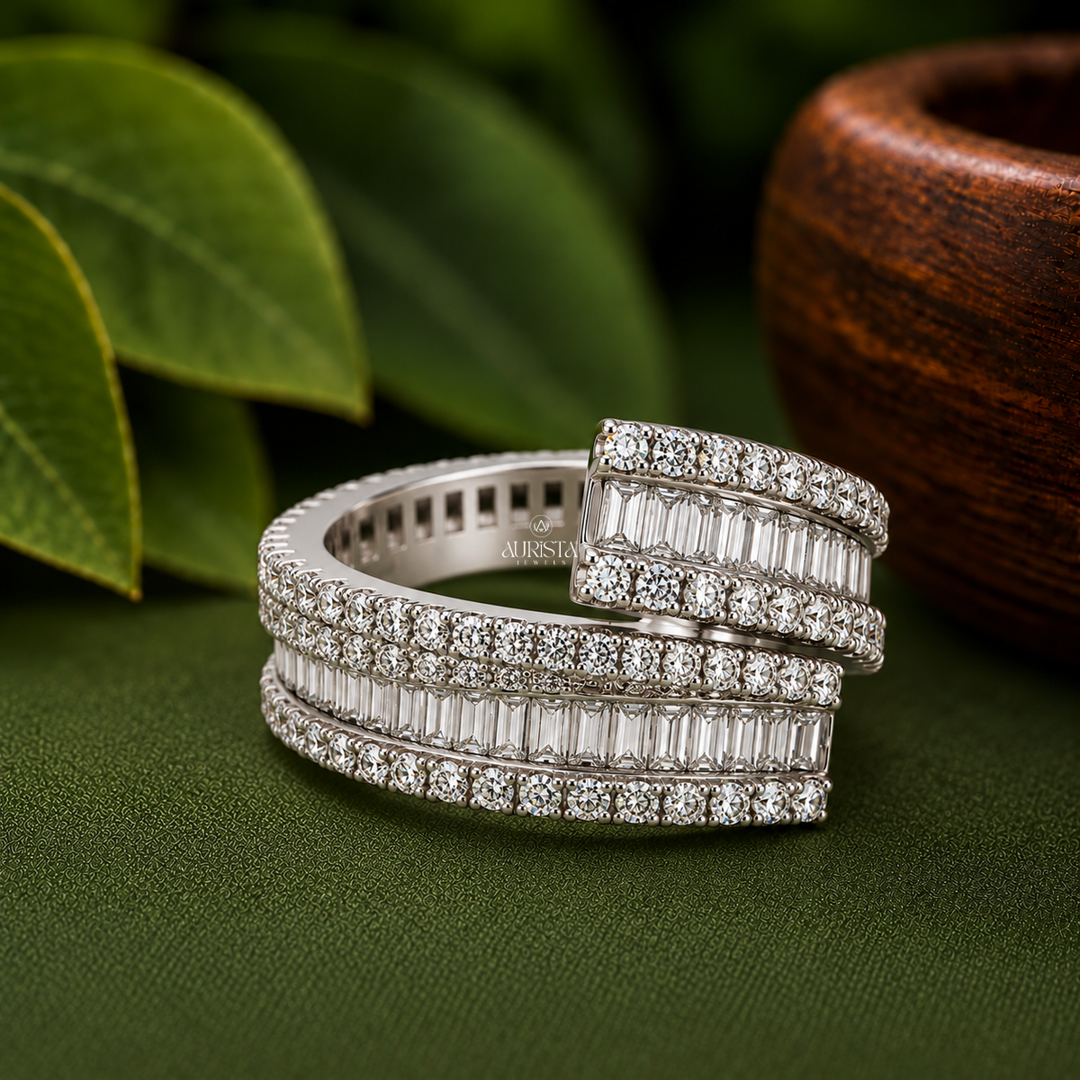 Multi Row Spiral Bypass Ring with Baguettes Moissanite in Diamond Luxury Band