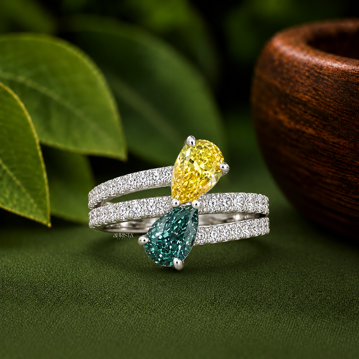 Toi Et Moi Pear Cut Color Diamond Ring Lab Grown in Diamond Luxury Gold Jewelry