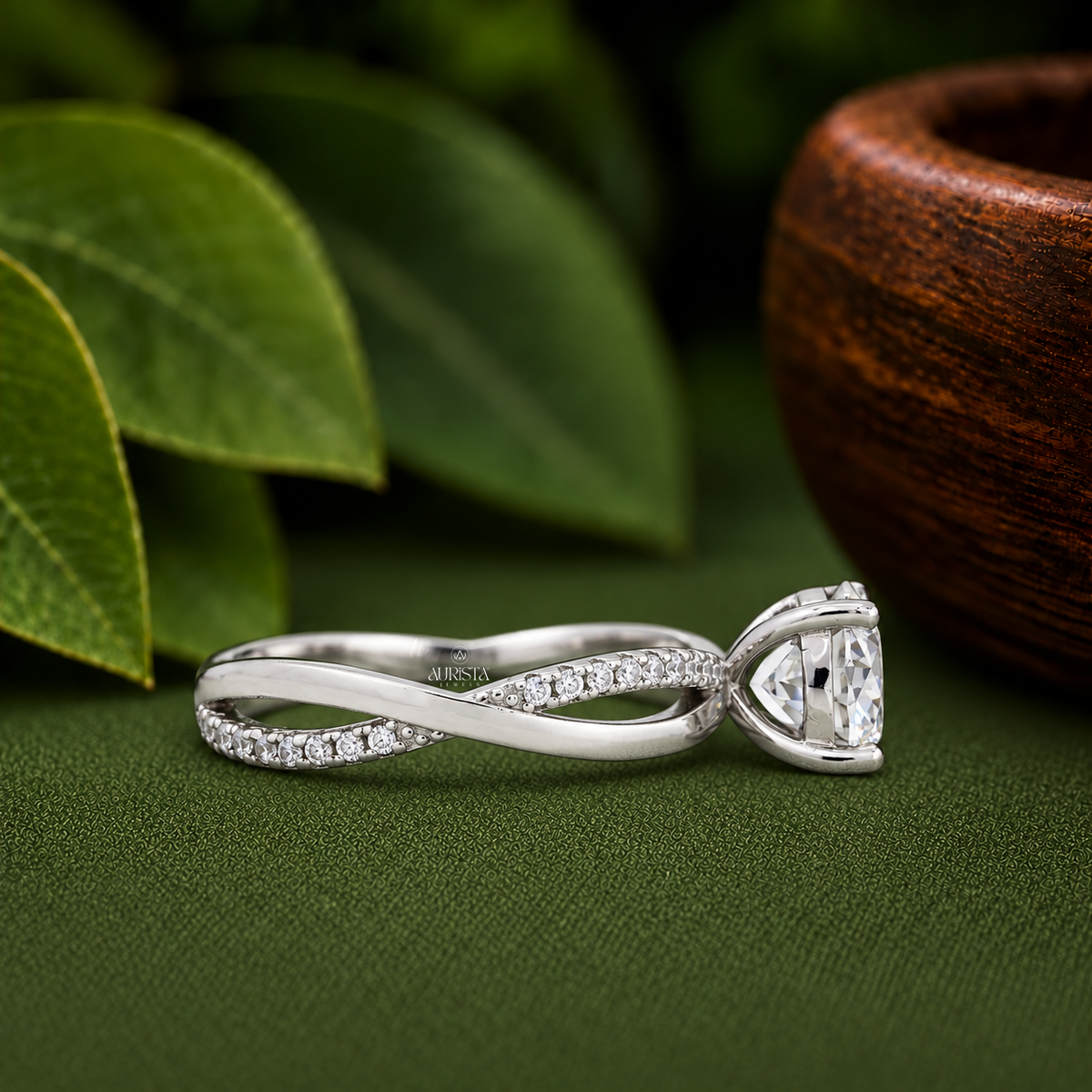 Round Cut Lab Grown Diamond Twist Ring, Pavé Engagement Wedding Ring