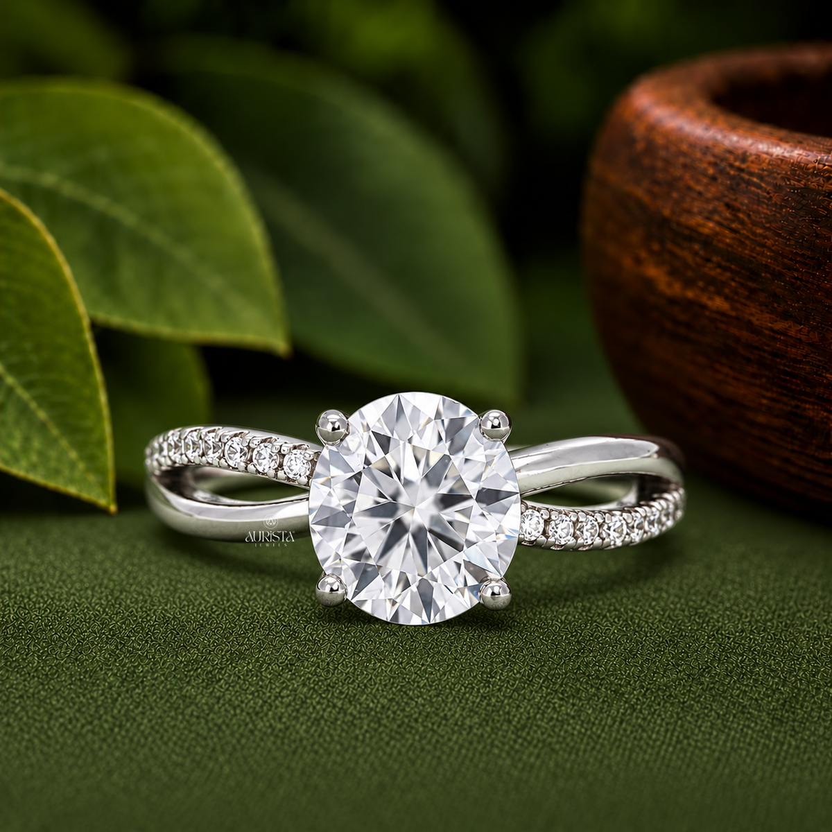 Round Cut Lab Grown Diamond Twist Ring, Pavé Engagement Wedding Ring