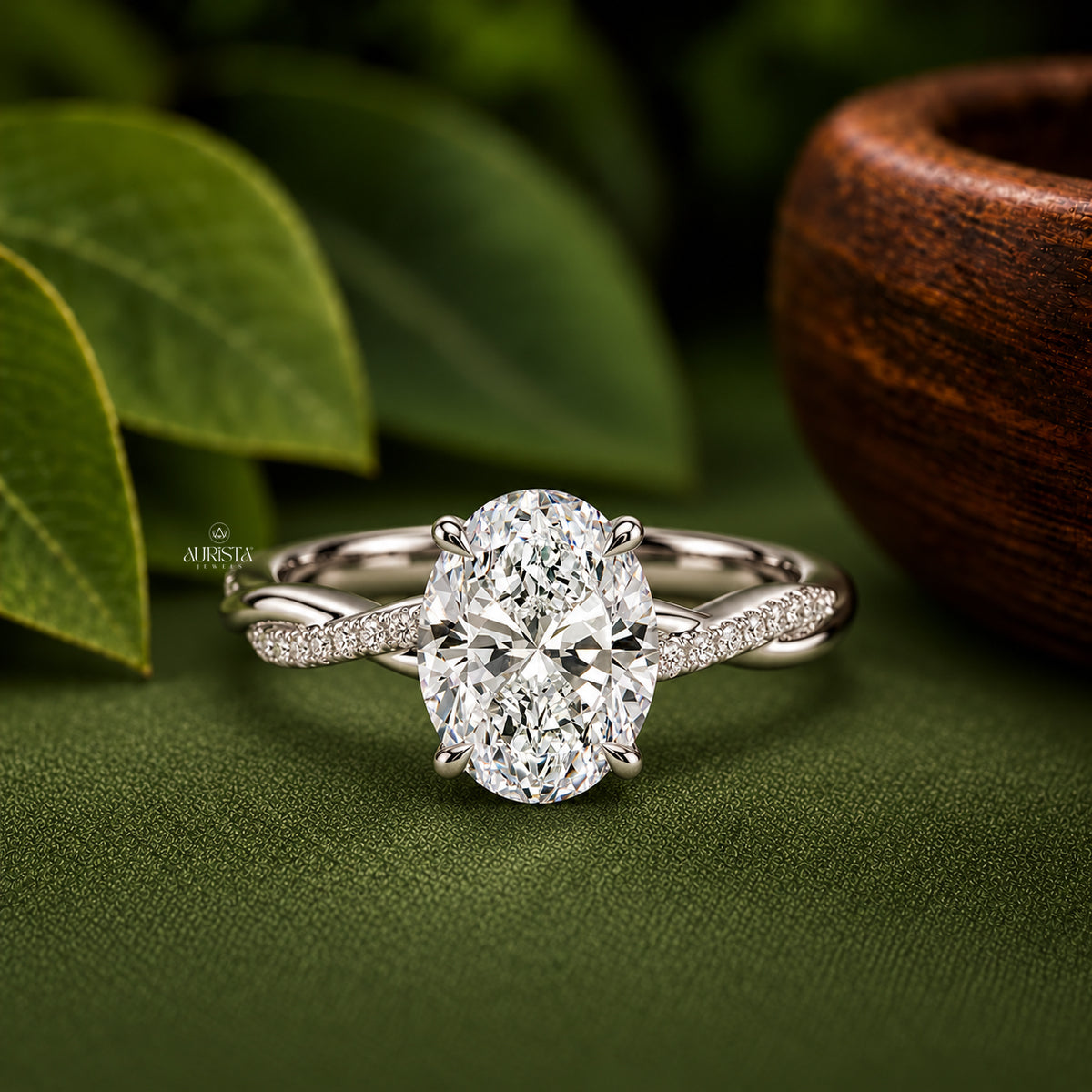 Oval Lab Grown Diamond Ring, Unique Twisted Pavé Band Minimalist Jewelry
