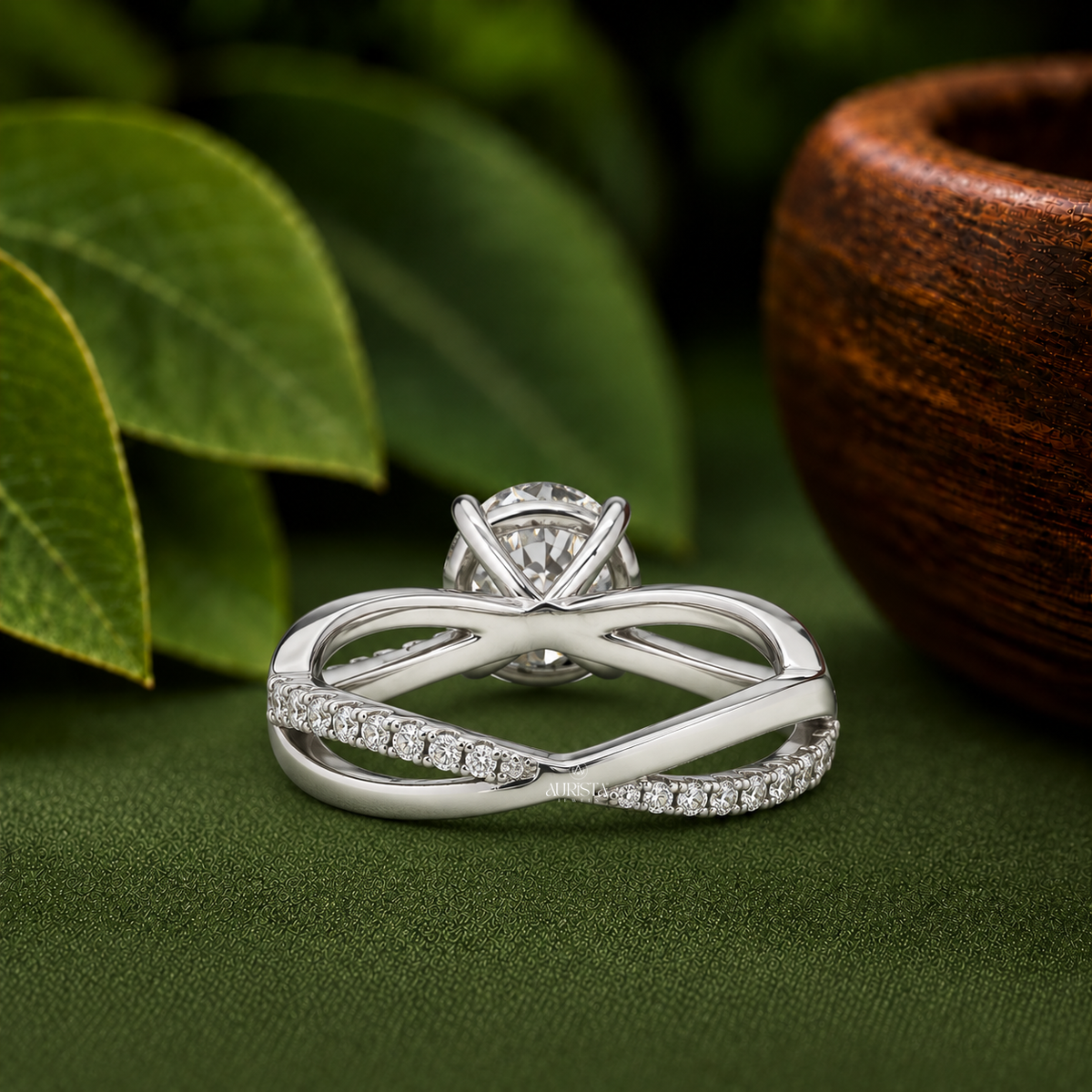 Round Cut Lab Grown Diamond Twist Ring, Pavé Engagement Wedding Ring