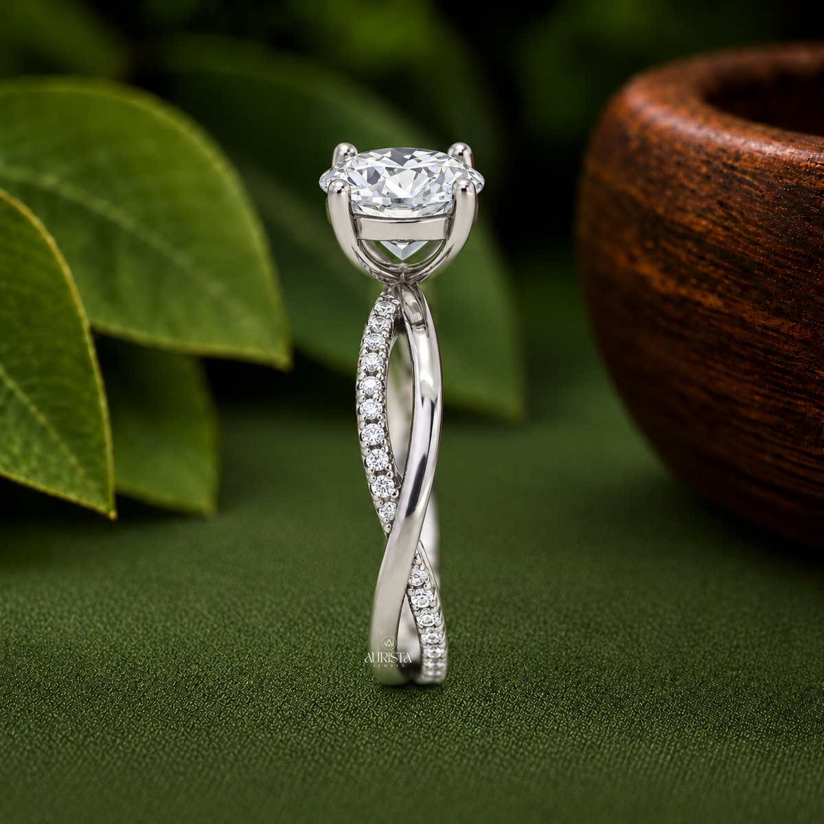 Round Cut Lab Grown Diamond Twist Ring, Pavé Engagement Wedding Ring