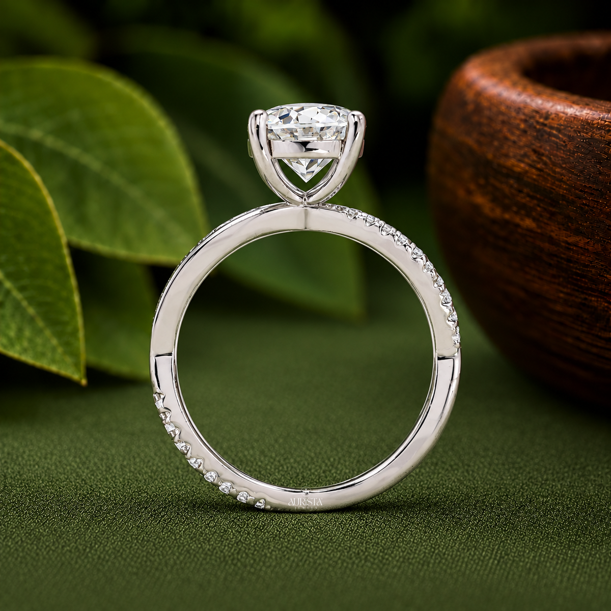 Round Cut Lab Grown Diamond Twist Ring, Pavé Engagement Wedding Ring