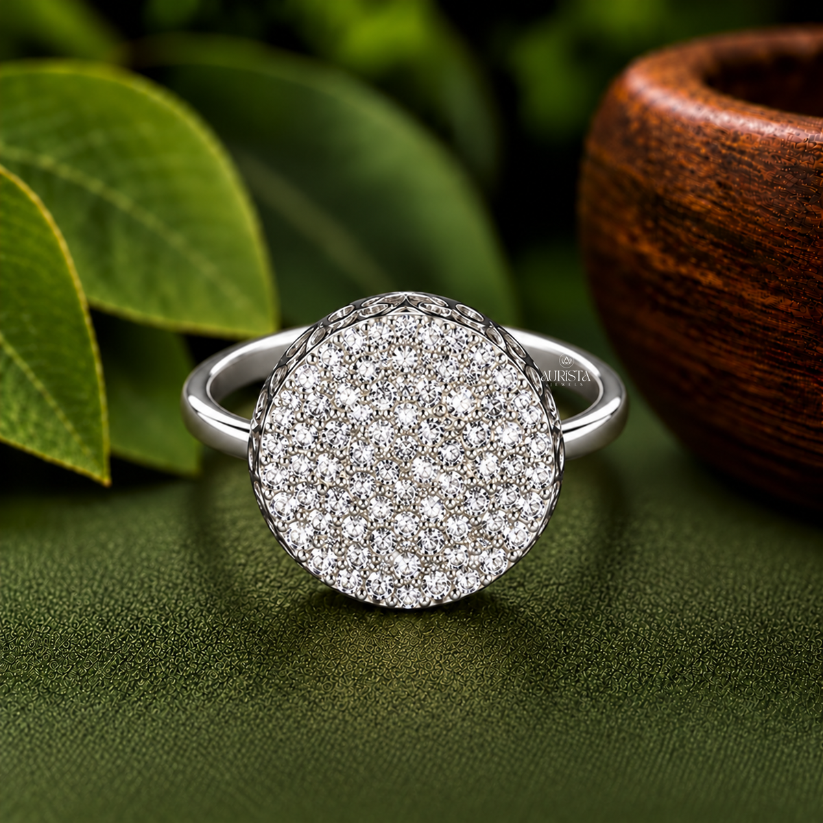Large Disk Cocktail Ring with Filigree Moissanite in Diamond Luxury Band