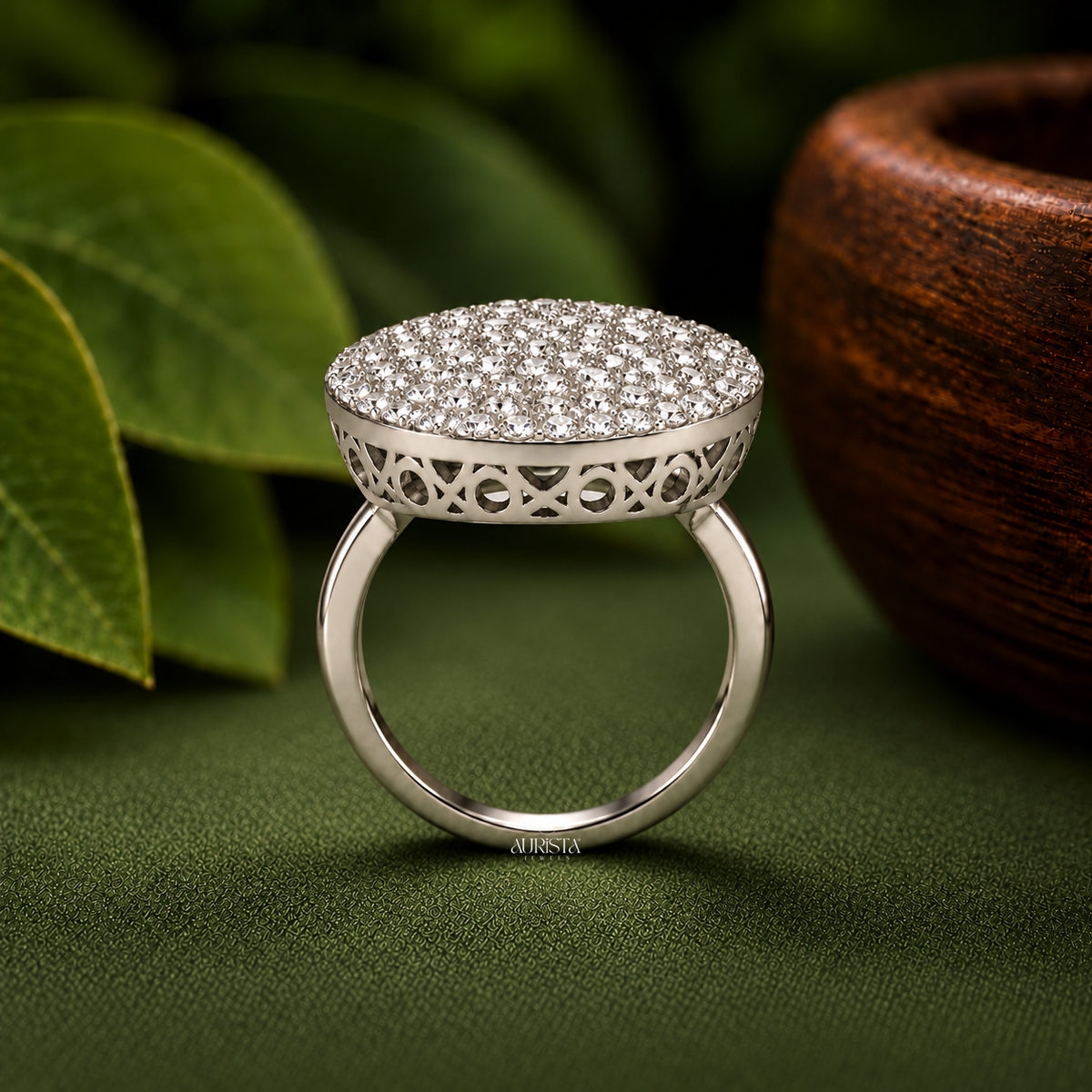 Large Disk Cocktail Ring with Filigree Moissanite in Diamond Luxury Band