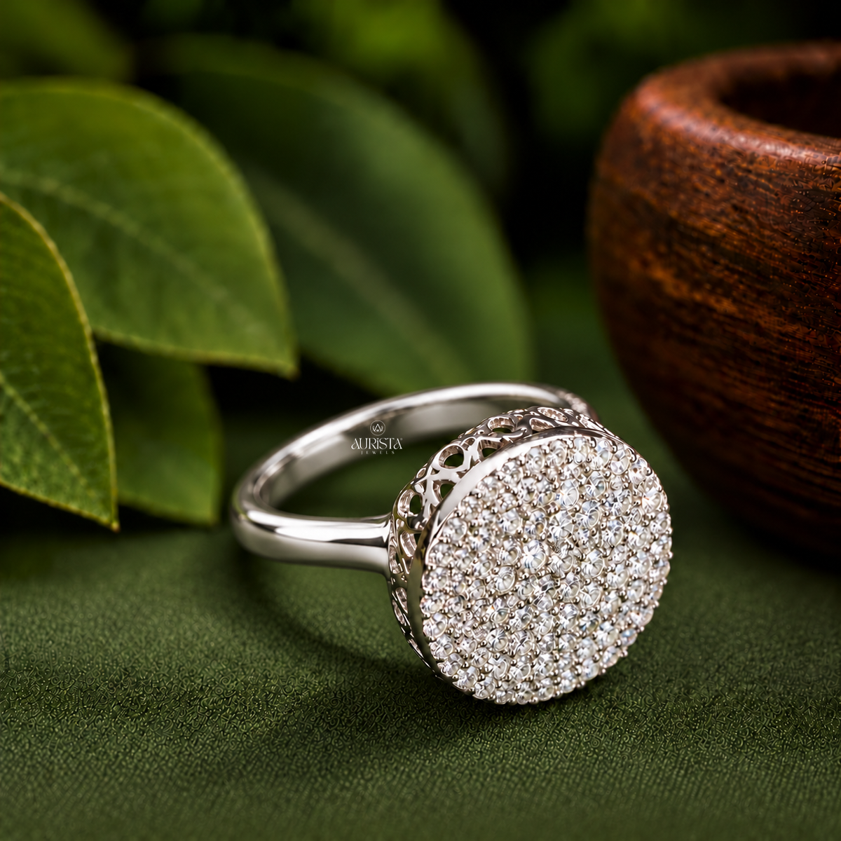 Large Disk Cocktail Ring with Filigree Moissanite in Diamond Luxury Band
