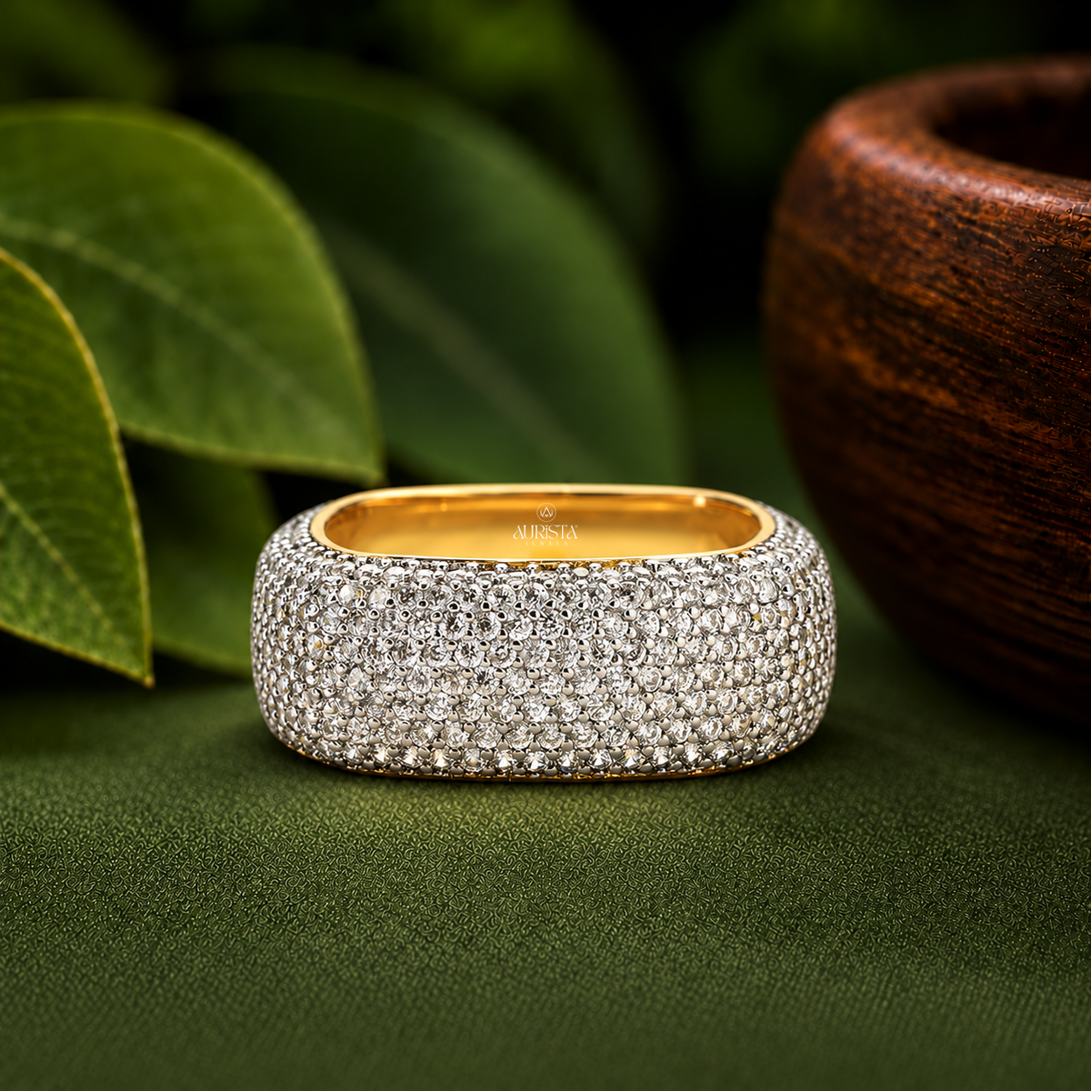 Wide Chunky Pavé Band Ring Moissanite in Diamond Luxury Gold Statement Jewelry