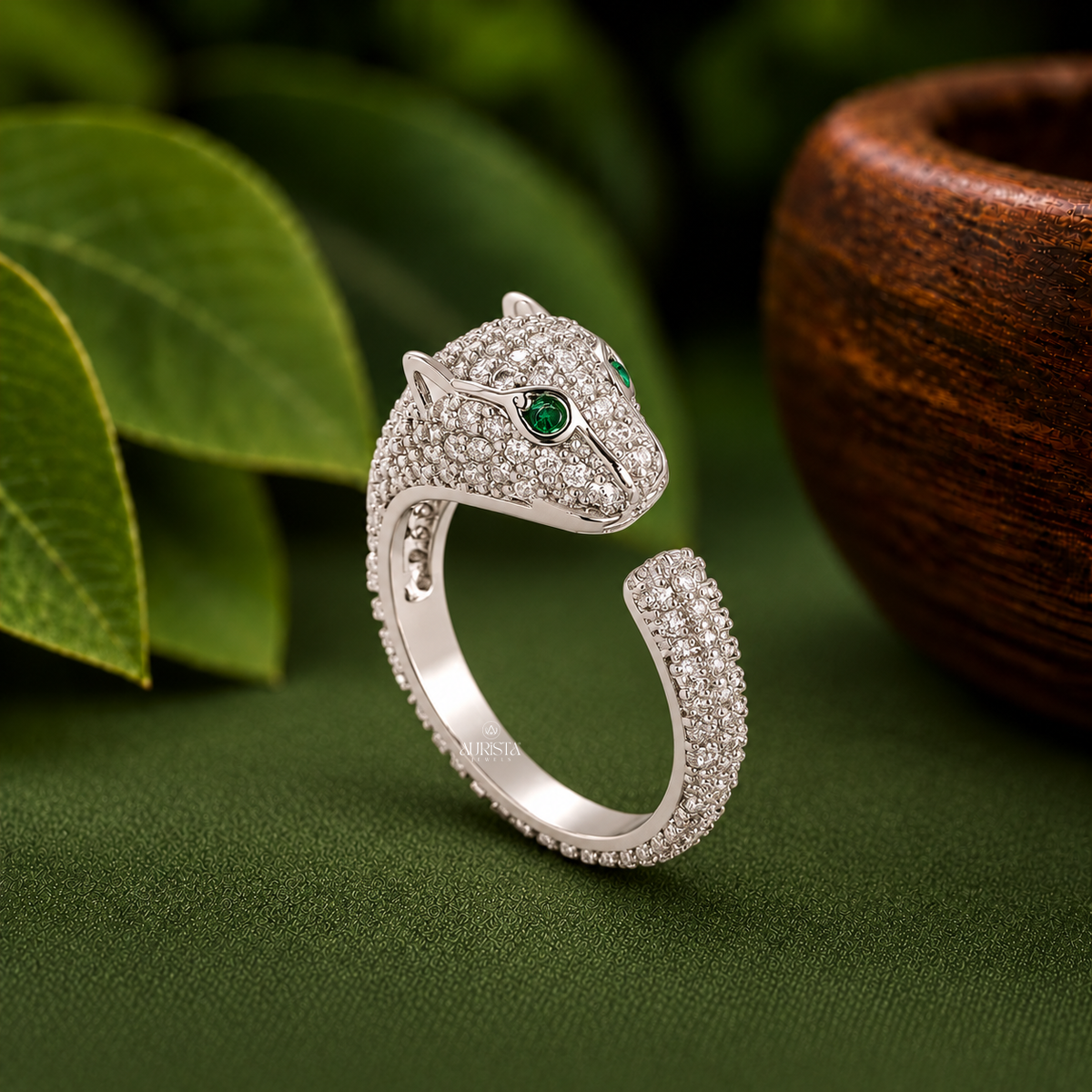 Designer Panther Bypass Ring with Green Eyes Moissanite in Diamond Luxury Band