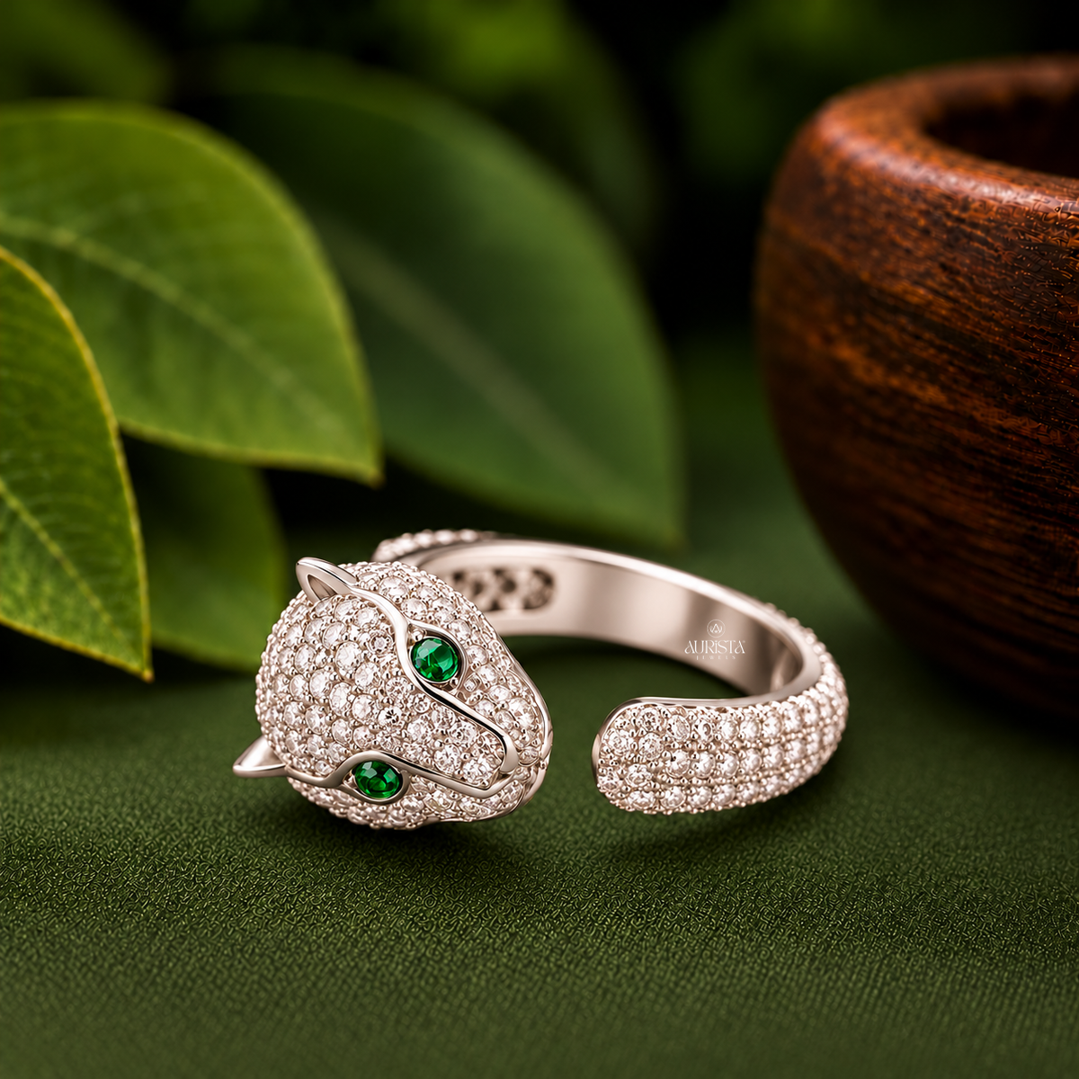 Designer Panther Bypass Ring with Green Eyes Moissanite in Diamond Luxury Band