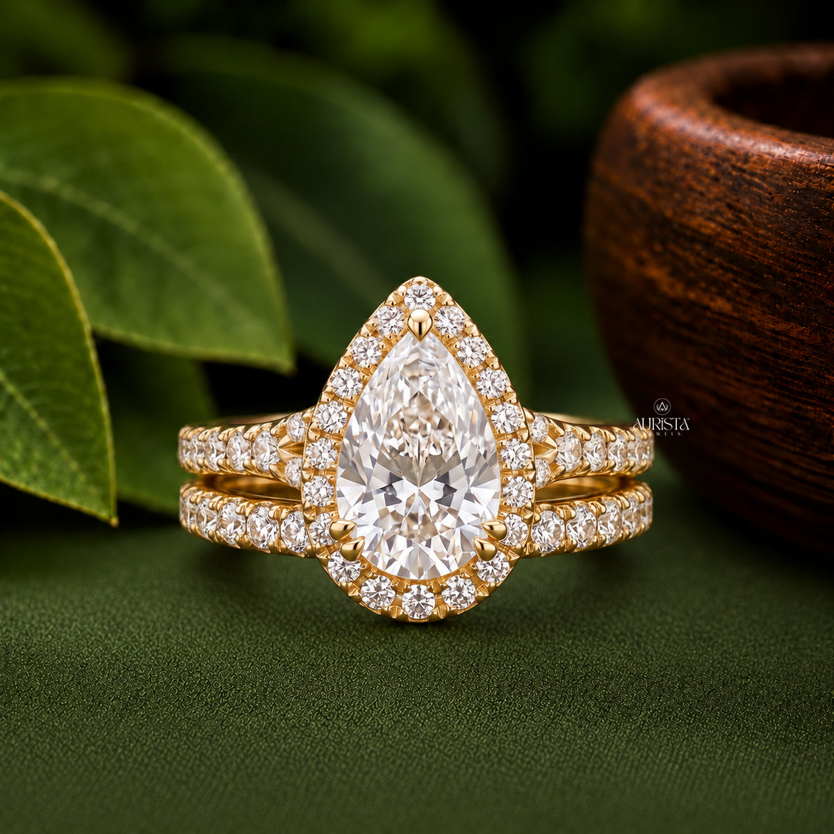 Pear Shape Lab Grown Diamond Ring Set, Halo Split Shank Pave Side Stones Bridal Jewelry