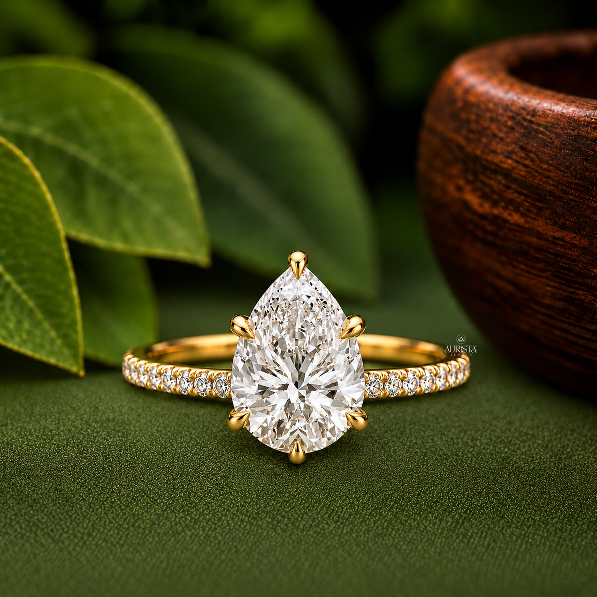 Pear Shaped Lab Grown Diamond Hidden Halo Ring, Delicate Pave Engagement Band Jewelry