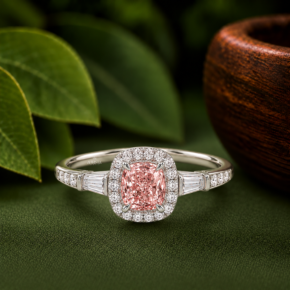 Vintage Style Pink Cushion Lab Grown Diamond Halo Ring with Side Stones