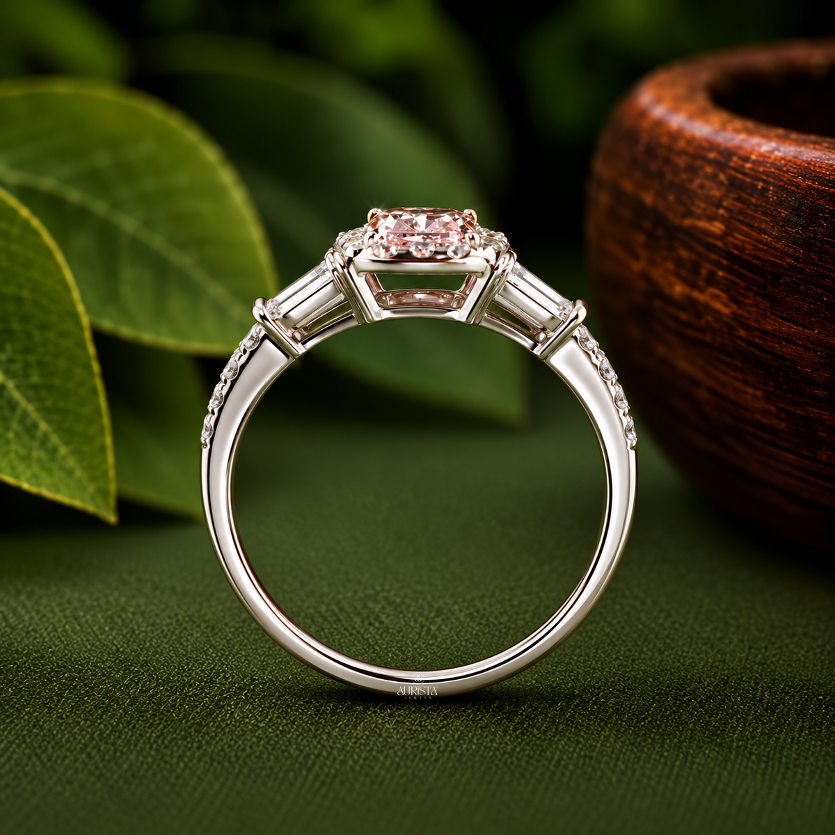 Pink Cushion Cut Lab Grown Diamond Halo Ring with Tapper Accents Fine Jewelry