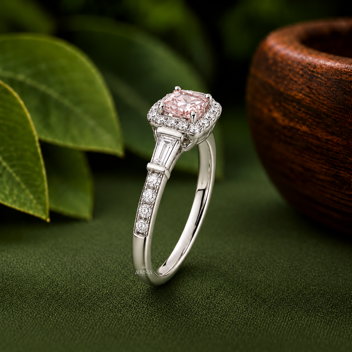 Pink Cushion Cut Lab Grown Diamond Halo Ring with Tapper Accents Fine Jewelry